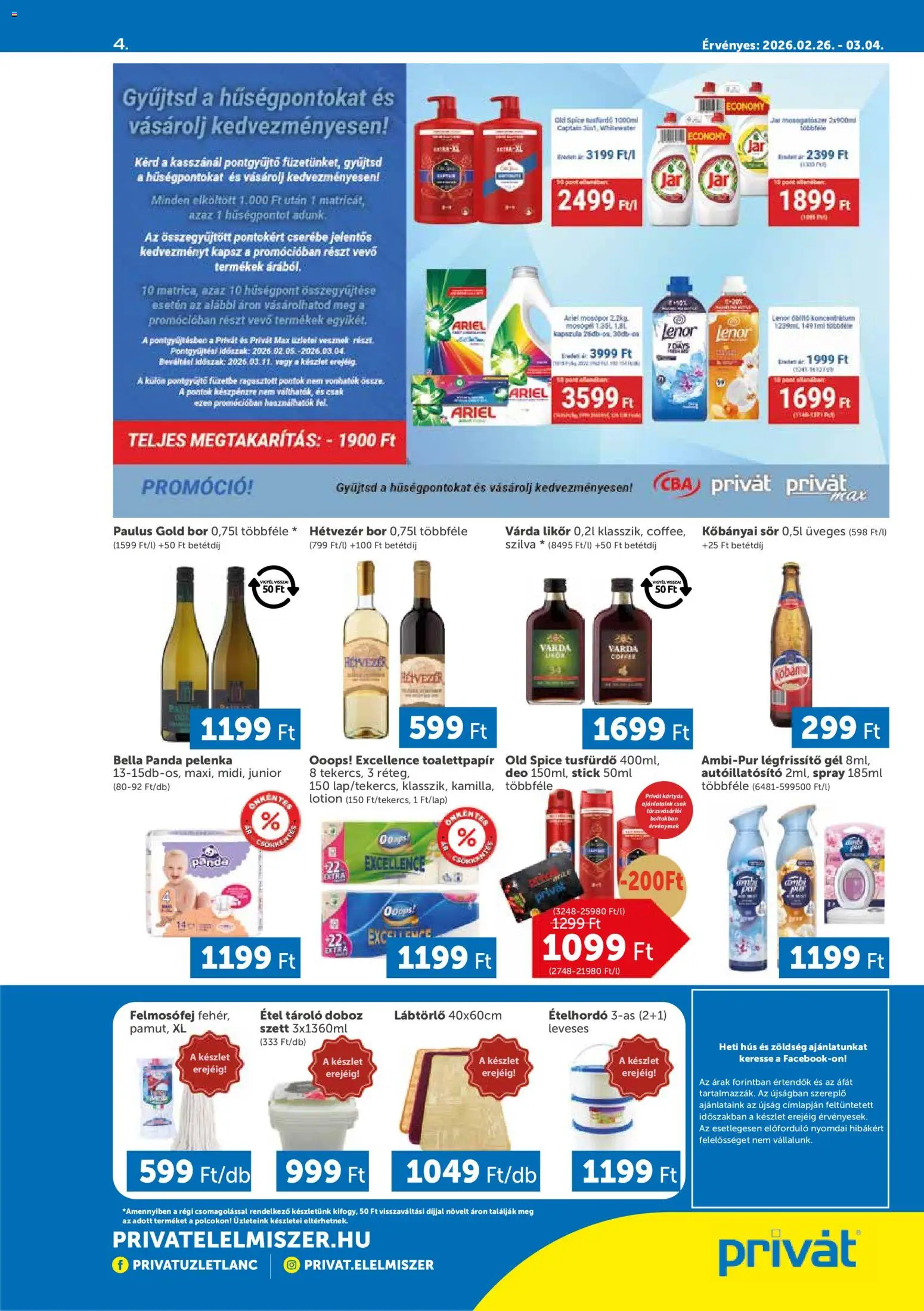 PRIVÁT akciós ujság - amely érvényes a következő dátumtól: 26.02.2026 | Oldal: 4 | Termékek: Hús, Szilva, Felmosófej, Likőr