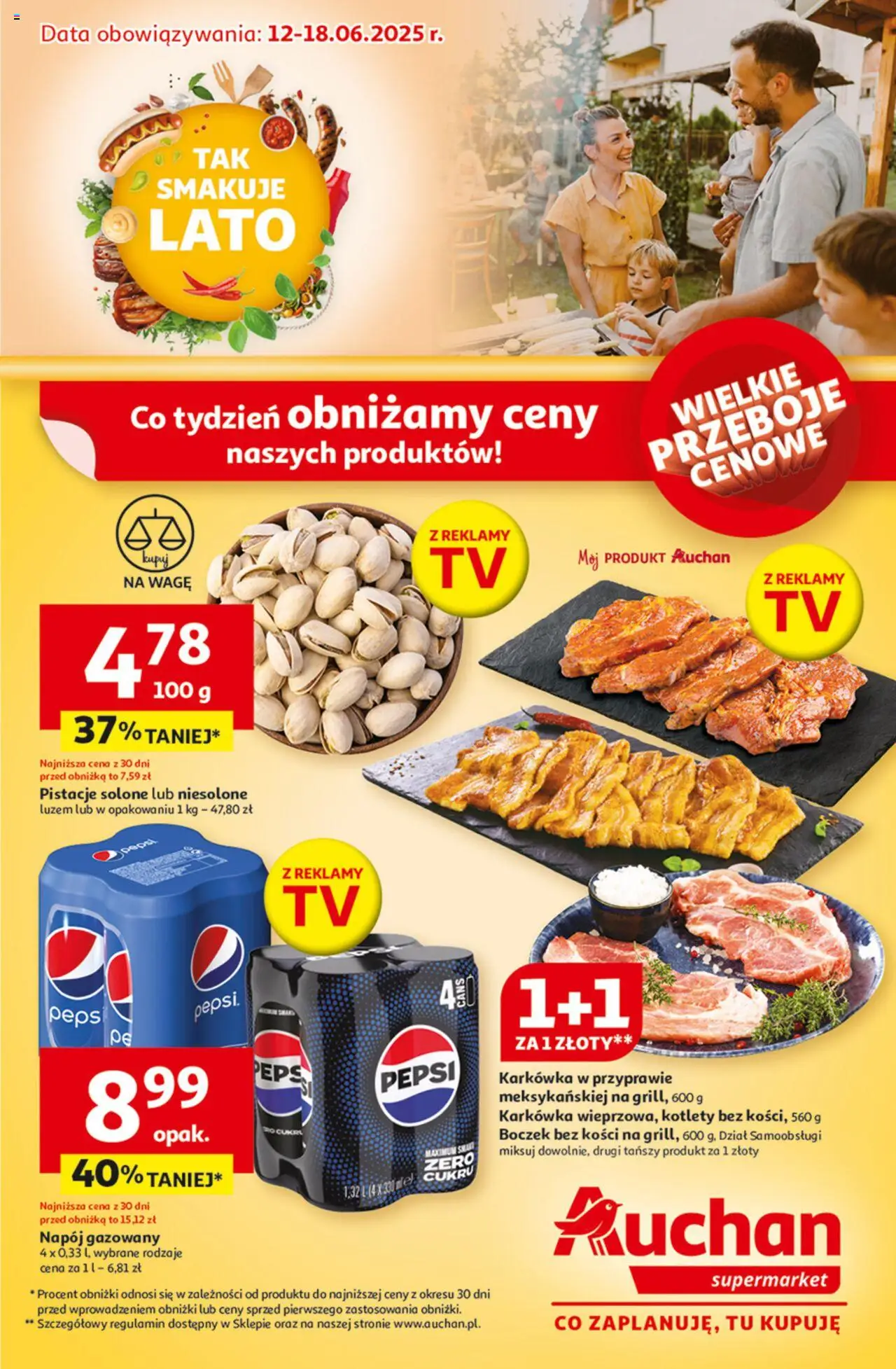 Auchan Gazetka od 12.06.2025 | Strona: 1 | Produkty: Karkówka, Pepsi, Boczek, Kotlety