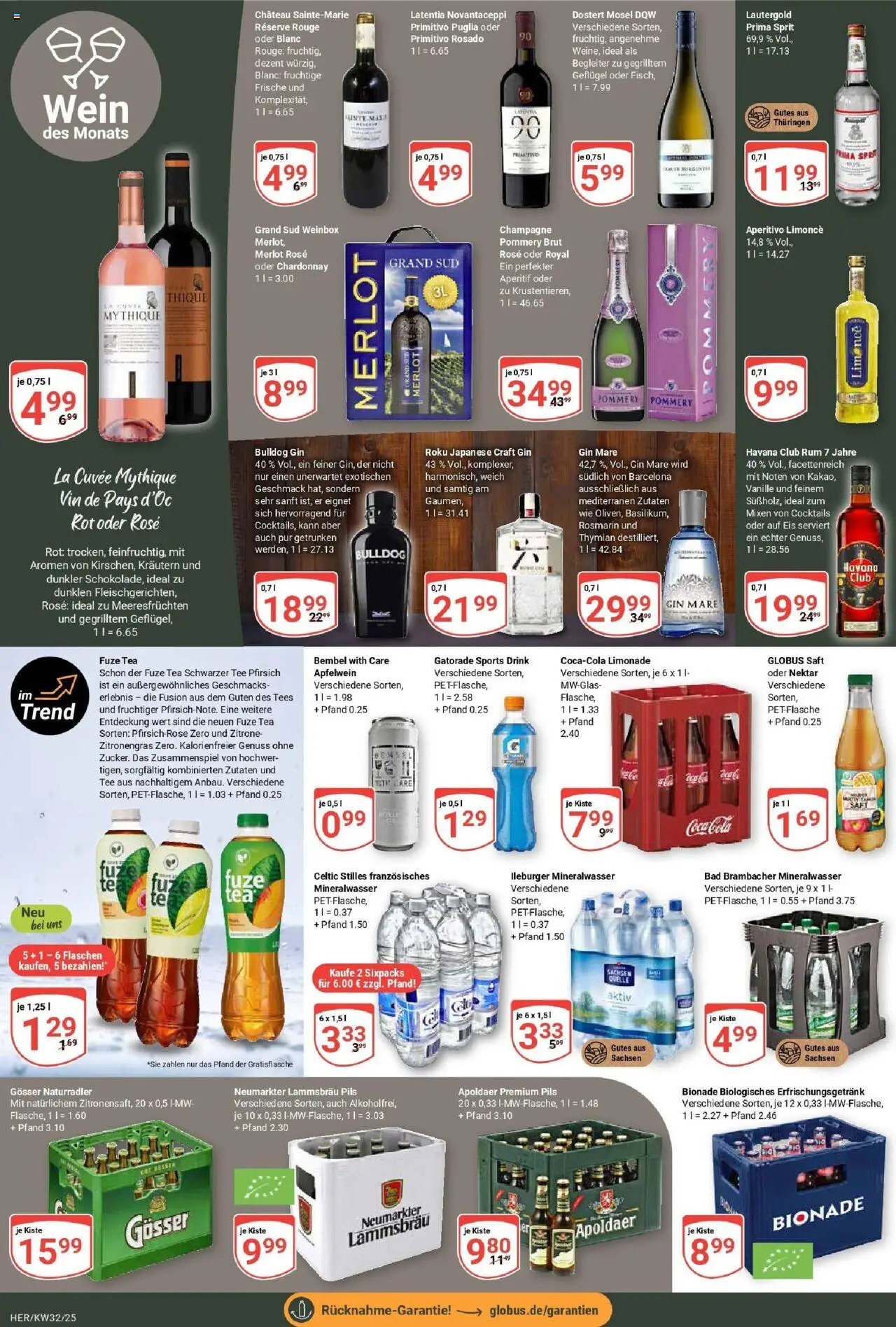 Globus prospekt Hermsdorf	 - gültig ab dem 03.08.2025 | Seite: 19 | Produkte: Fuze tea, Rouge, Mineralwasser, Saft