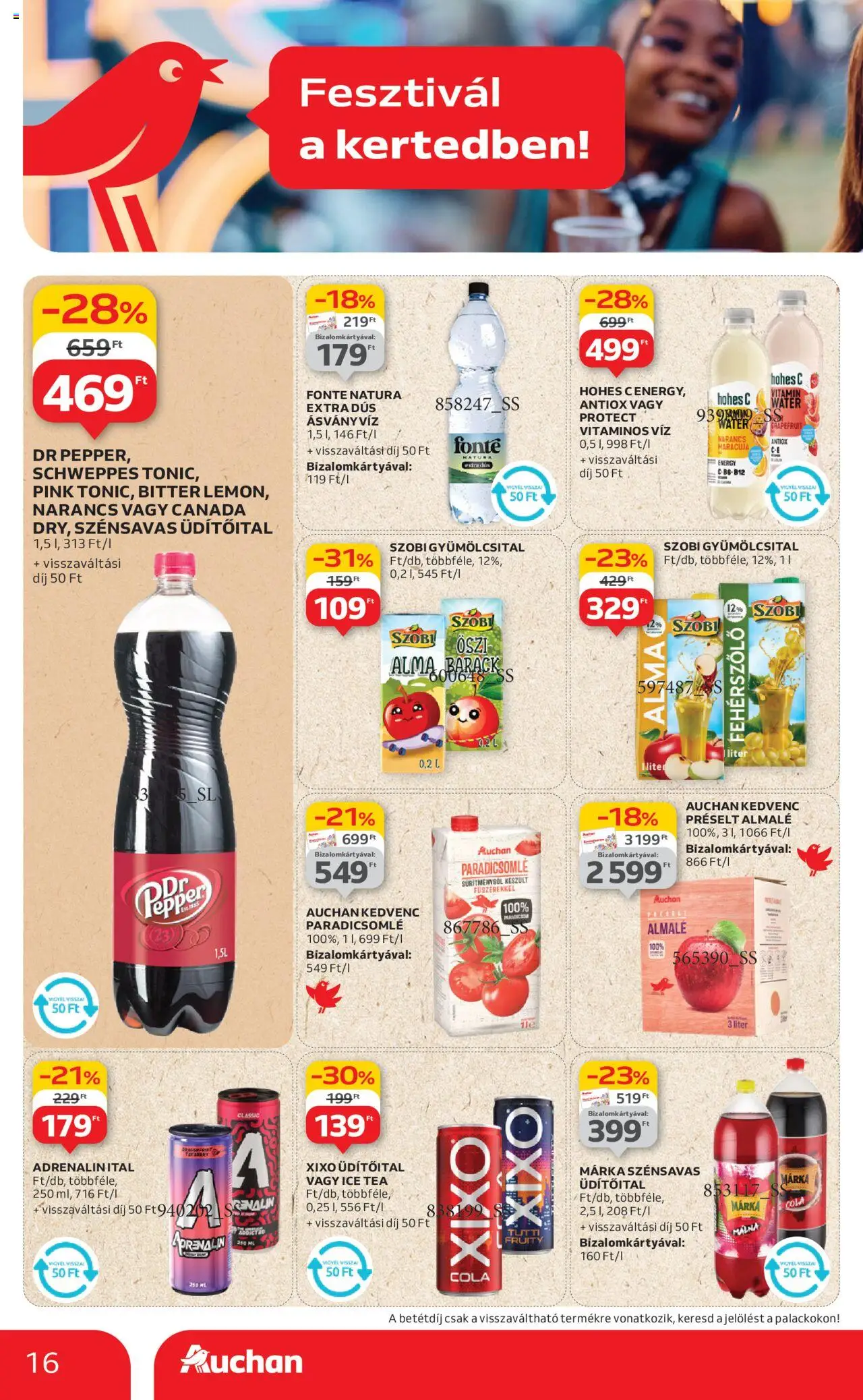 Auchan akciós ujság - amely érvényes a következő dátumtól: 19.06.2025 | Oldal: 16 | Termékek: Gyümölcsital, Hohes c, Cola, Tea