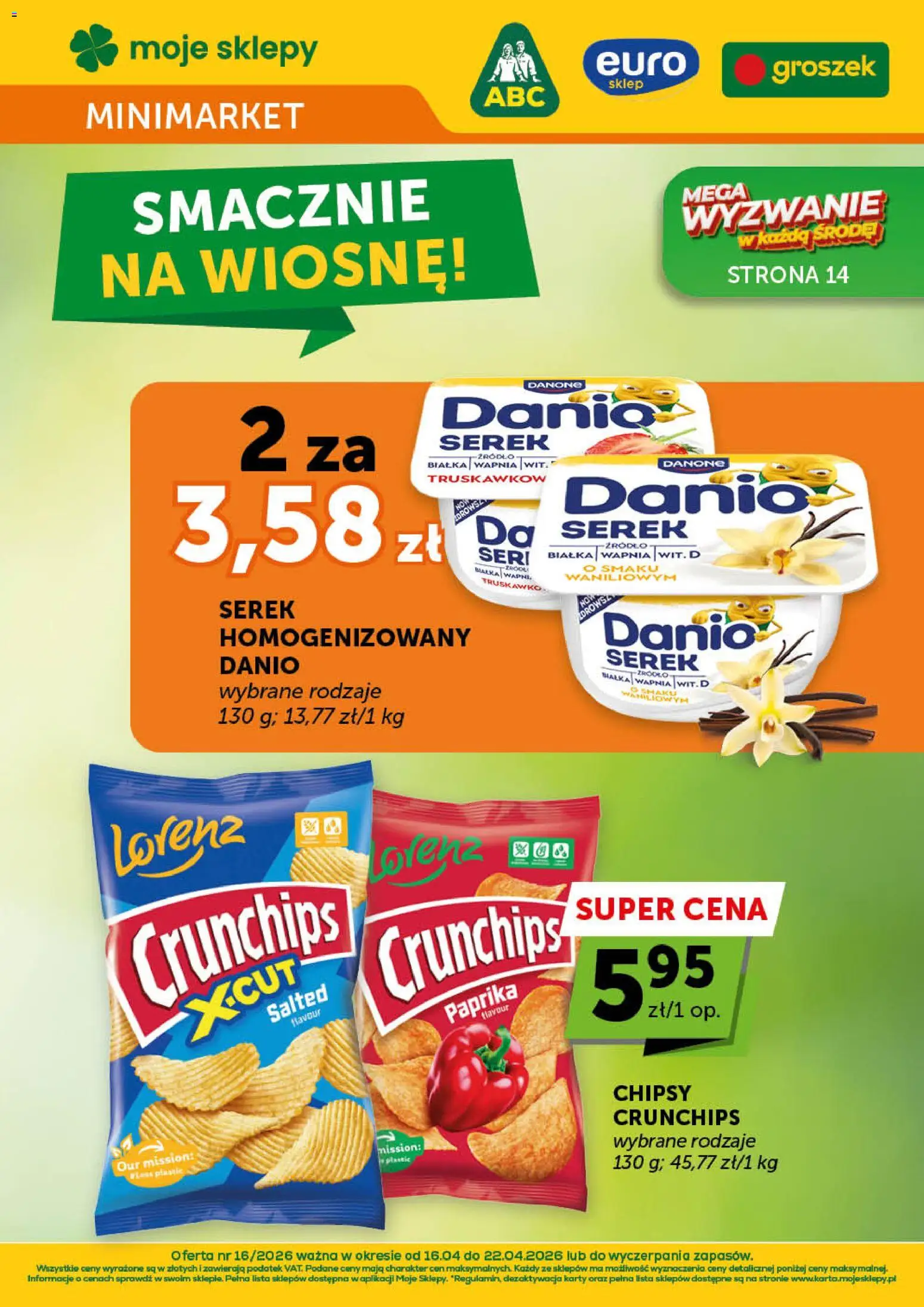 ABC gazetka - Minimarket od 16.04.2026 | Strona: 1 | Produkty: Groszek, Chipsy, Serek