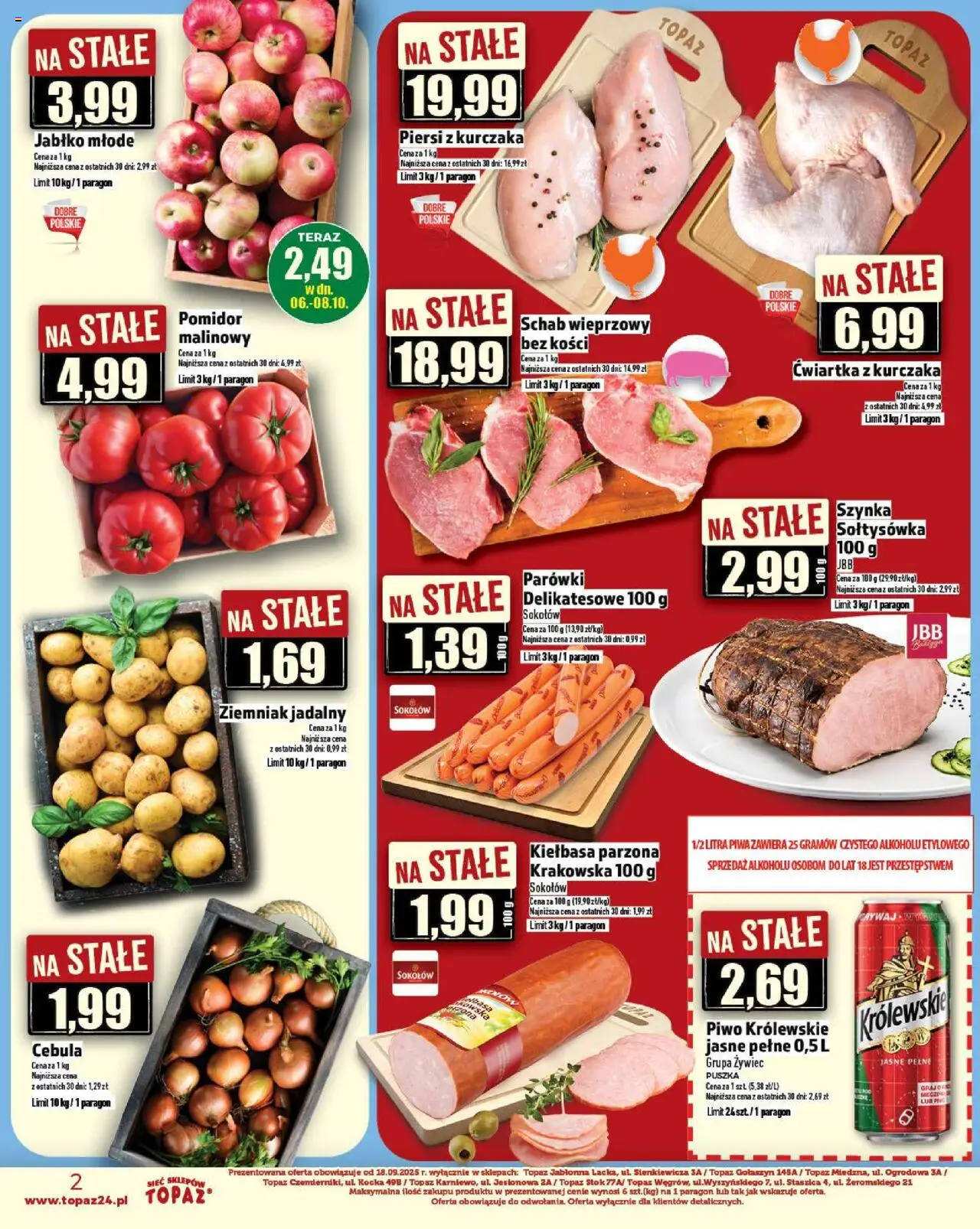 Topaz Gazetka - Ceny małe na stałe od 02.10.2025 | Strona: 2 | Produkty: Schab, Piersi, Szynka, Ćwiartka z kurczaka