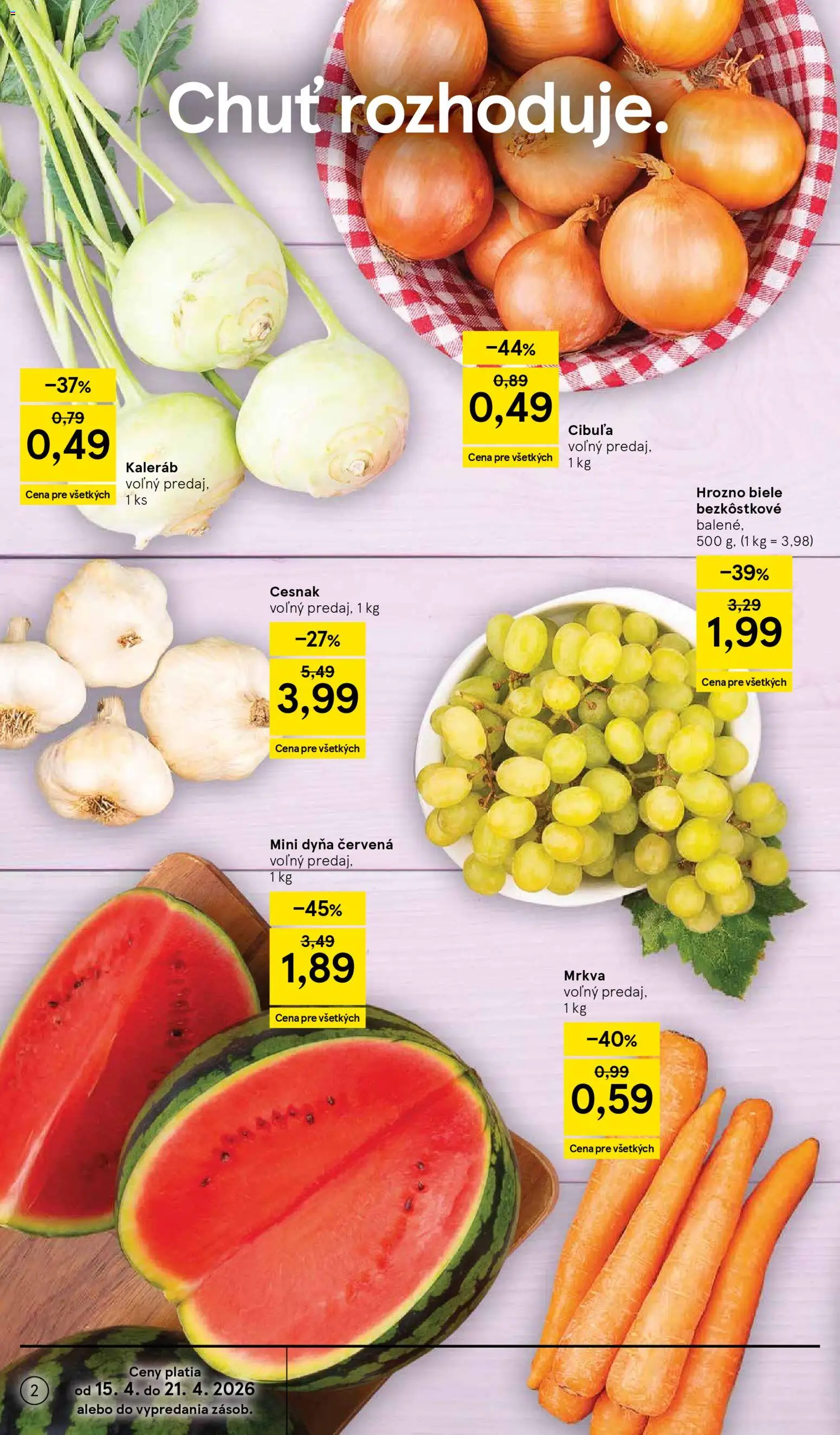 Nové Tesco akcie – leták je platný od 15.04.2026 | Strana: 2 | Produkty: Cesnak, Mrkva, Cibuľa, Hrozno