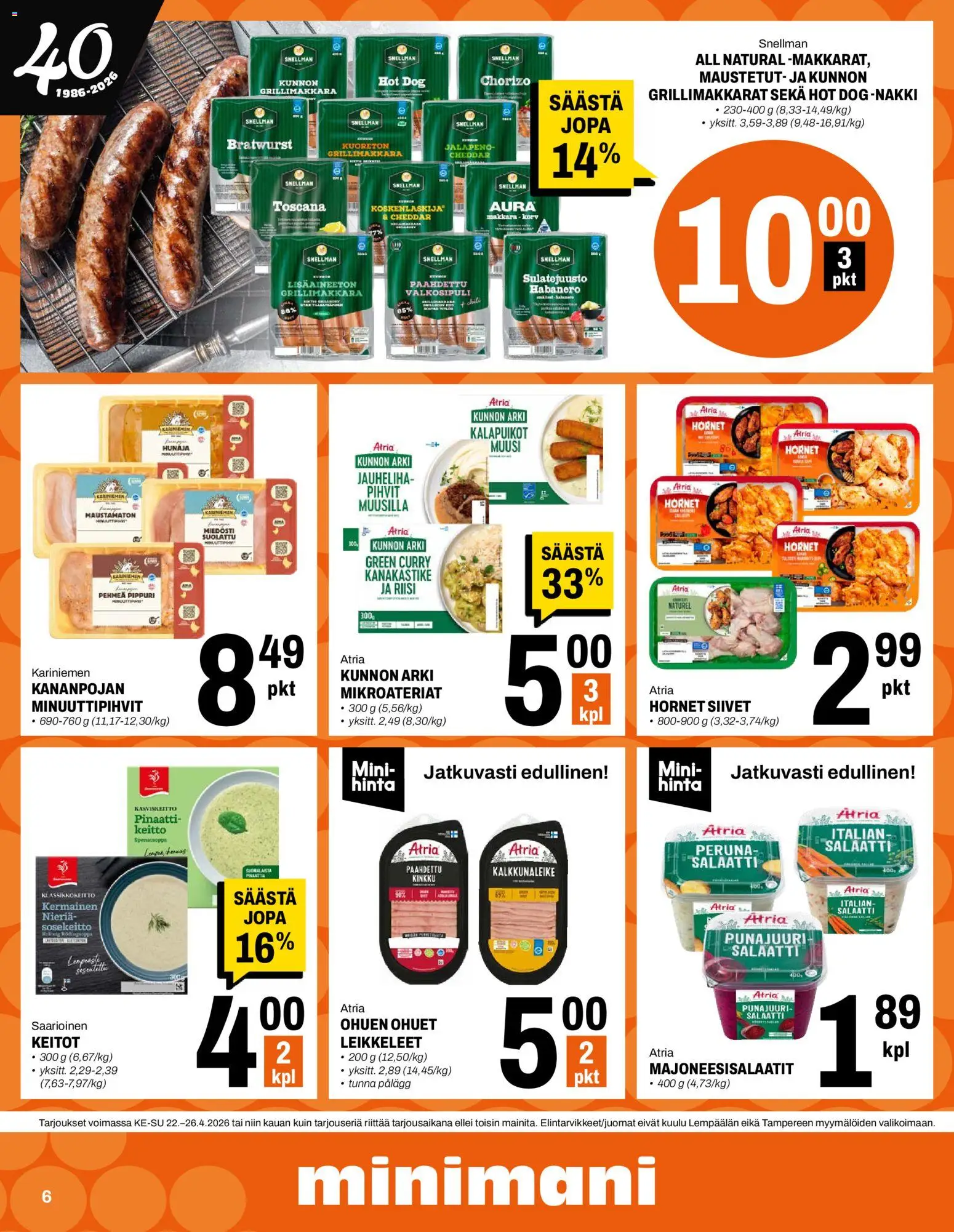 Minimani tarjoukset – voimassa 22.04.2026 alkaen | Sivu: 6 | Tuotteet: Jauheliha, Chorizo, Salaatti, Hunaja