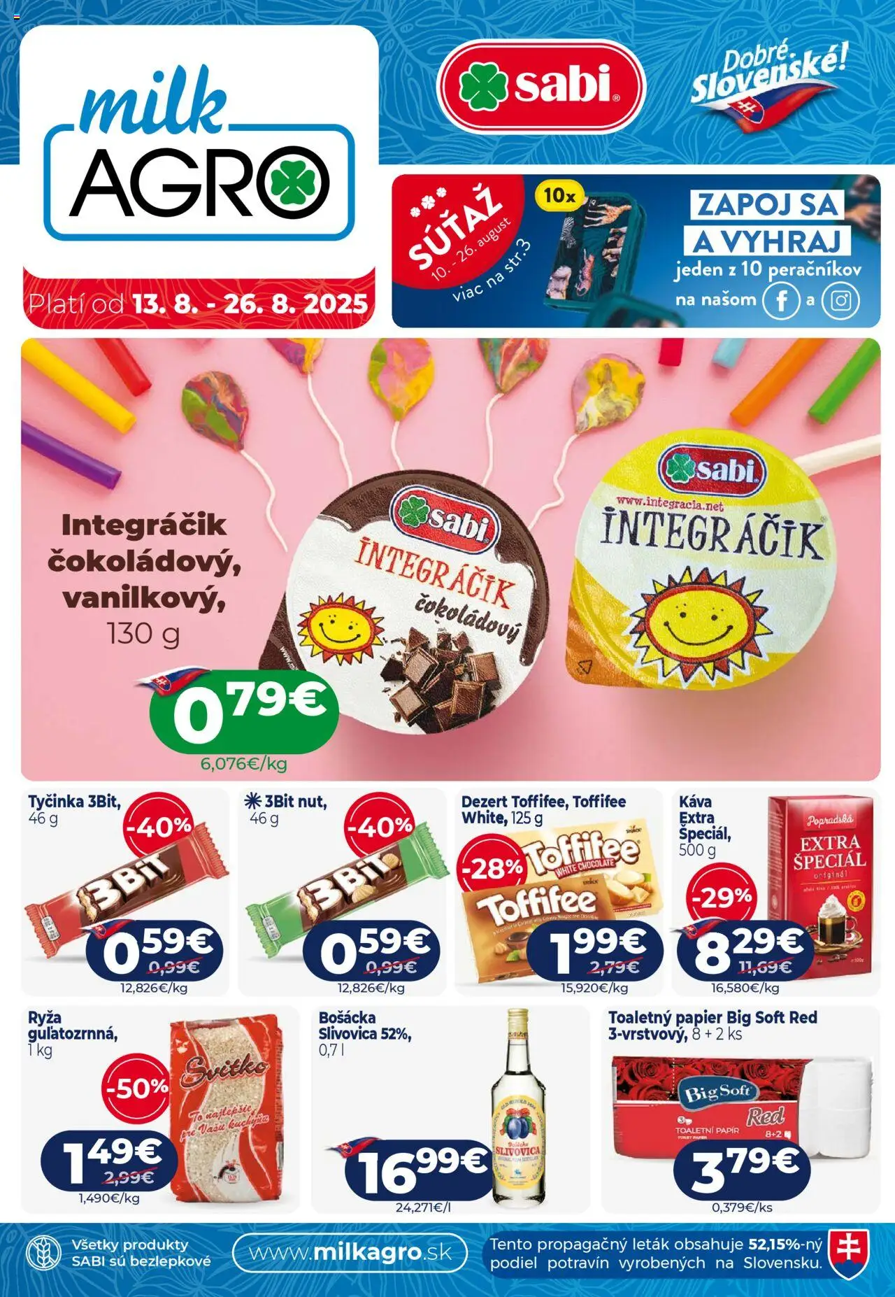 Milk Agro leták │ platný od 13.08.2025 | Strana: 1 | Produkty: Káva, Ryža, Toffifee, Slivovica