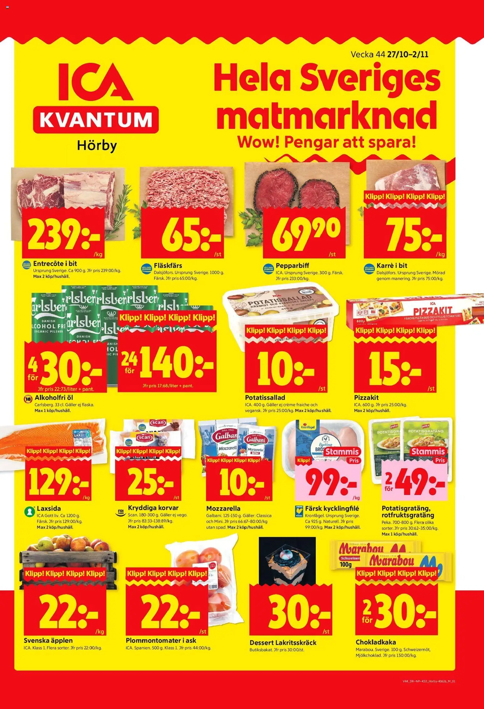 ICA Kvantum reklamblad aktuell från 27.10.2025 | Sida: 1 | Produkter: Potatissallad, Chokladkaka, Öl, Äpplen
