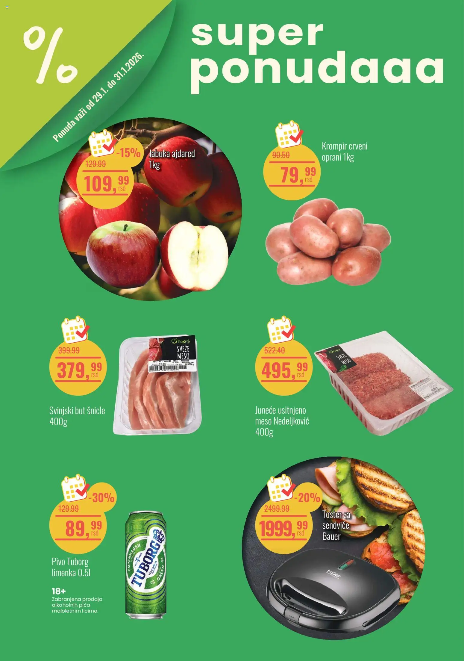 Aroma Market katalog - važi od 29.01.2026 | Strana: 1 | Proizvode: Toster, Tuborg, Krompir, Svinjski but