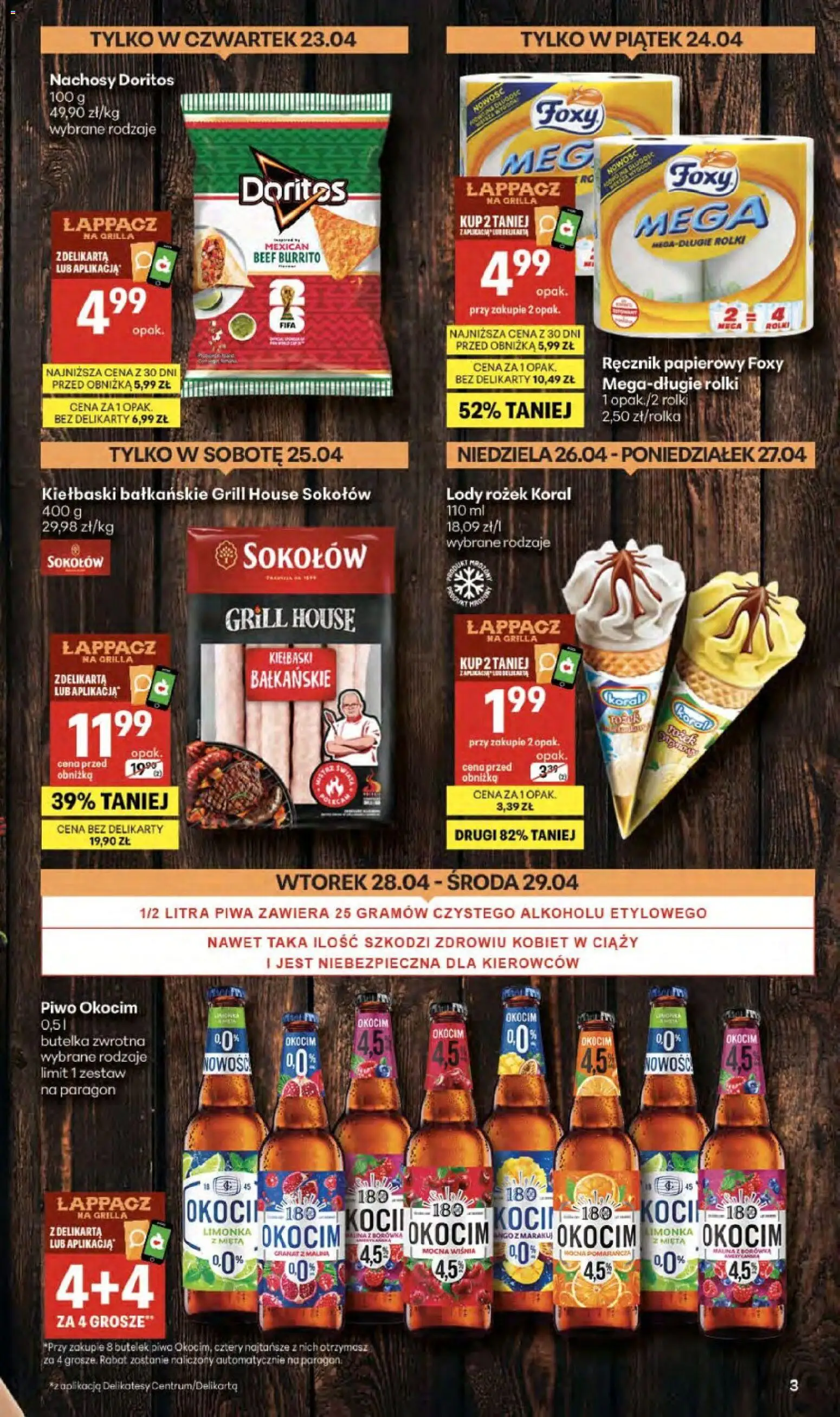 Delikatesy Centrum gazetka od 23.04.2026 | Strona: 3 | Produkty: Rolki, Kiełbaski, Lody, Ręcznik papierowy