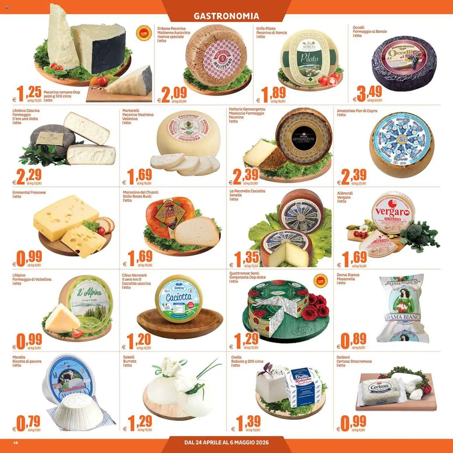 Volantino Elite Supermercati del 24.04.2026 | Pagina: 14 | Prodotti: Ricotta, Gorgonzola, Pecorino, Burrata