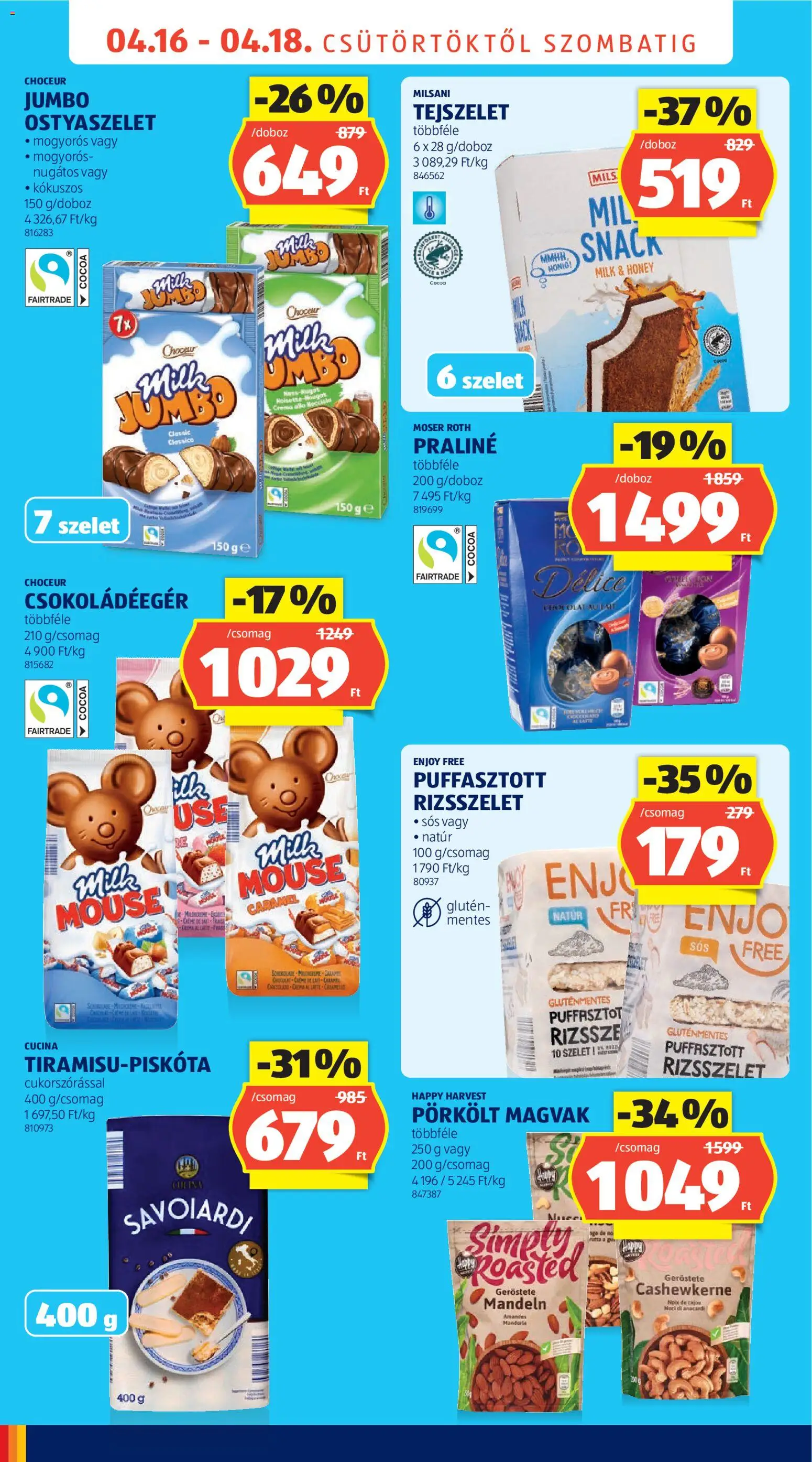 Aldi akciós ujság - amely érvényes a következő dátumtól: 16.04.2026 | Oldal: 6 | Termékek: Puffasztott rizsszelet, Doboz, Tejszelet, Gluténmentes