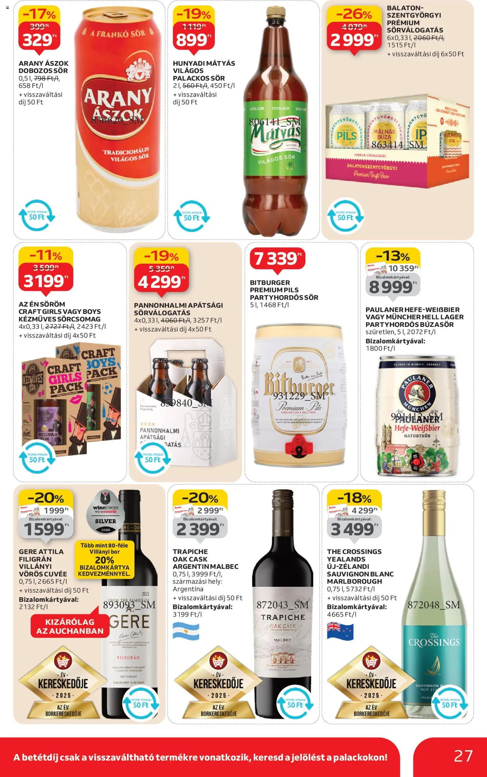 Auchan akciós ujság - amely érvényes a következő dátumtól: 08.01.2026 | Oldal: 27 | Termékek: Búzasör, Dobozos sör, Bor, Sör