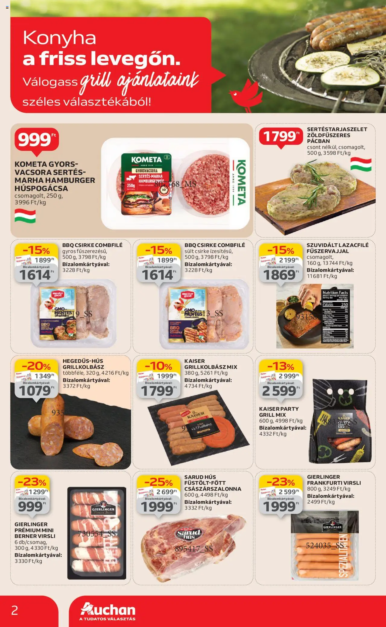 Auchan akciós ujság - amely érvényes a következő dátumtól: 12.06.2025 | Oldal: 2 | Termékek: Hamburger, Grillkolbász, Hús, Frankfurti virsli