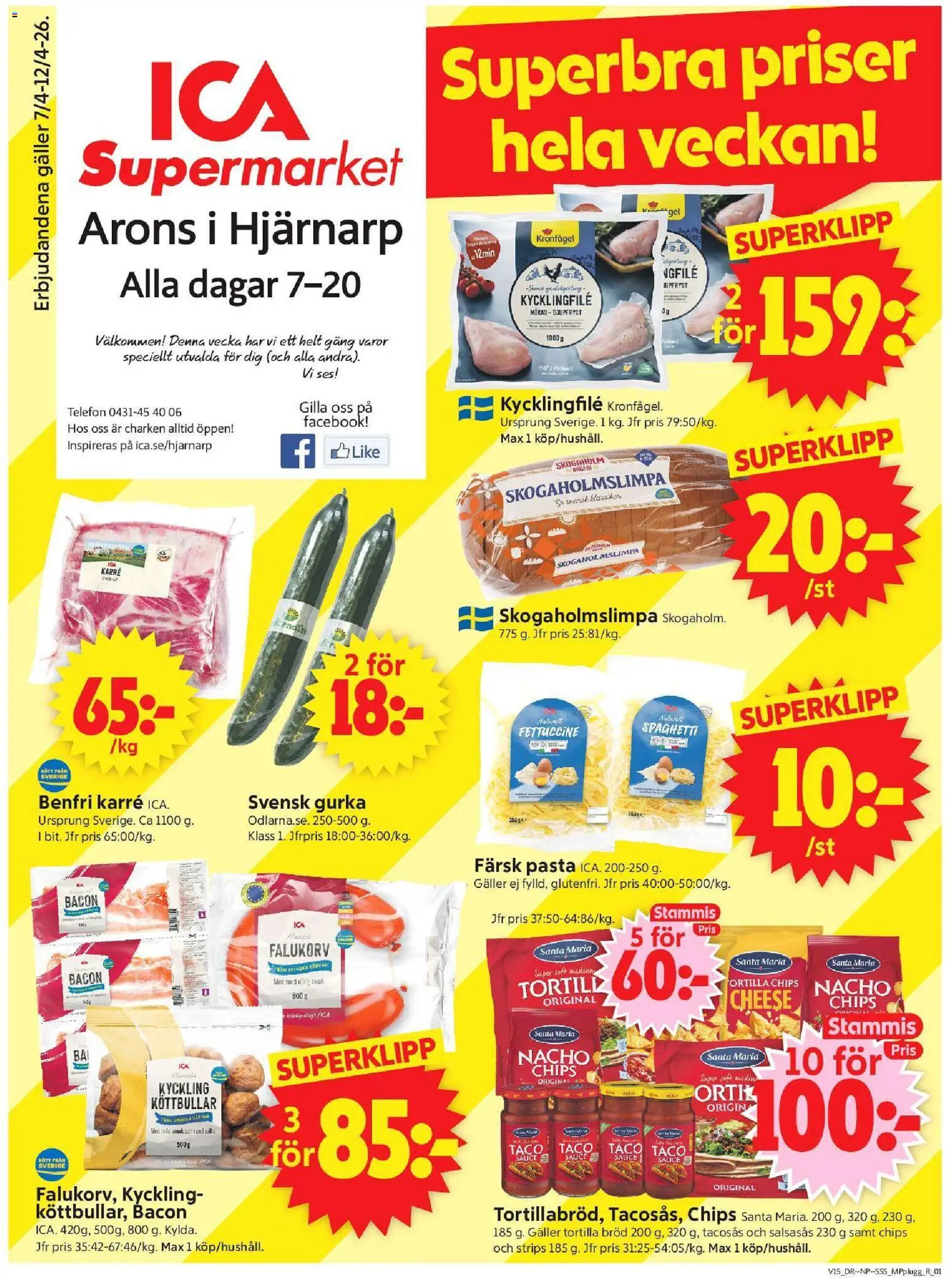 ICA Supermarket reklamblad aktuell från 06.04.2026 | Sida: 1 | Produkter: Tacosås, Bacon, Spaghetti, Telefon