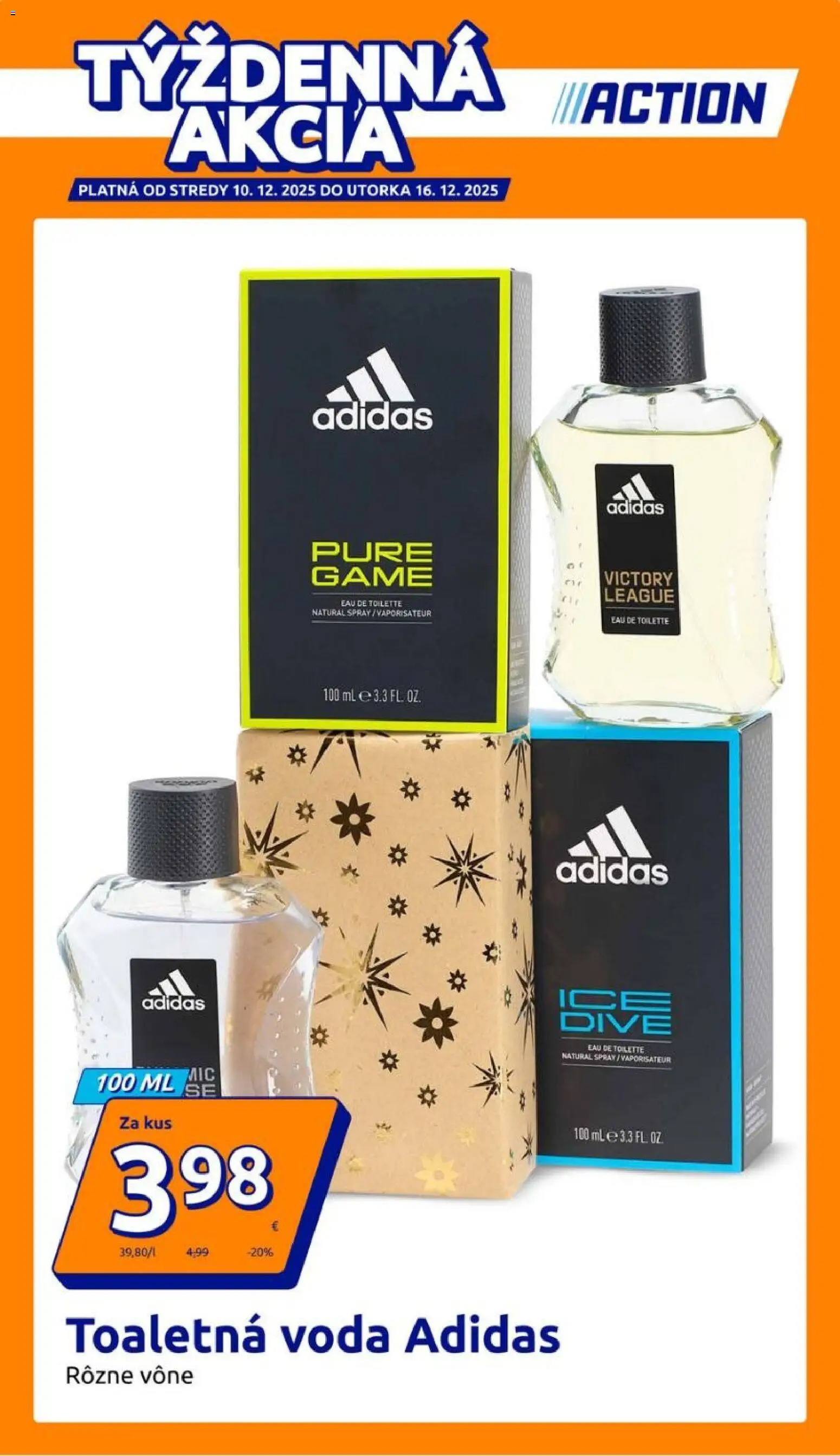 Nové Action akcie – leták je platný od 10.12.2025 | Strana: 1 | Produkty: Toaletná voda, Adidas, Voda