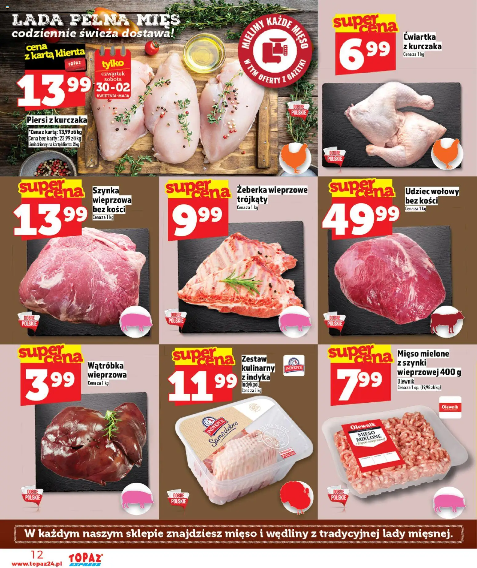 Topaz gazetka - Express od 30.04.2026 | Strona: 12 | Produkty: Karta, Piersi, Mięso mielone, Szynka
