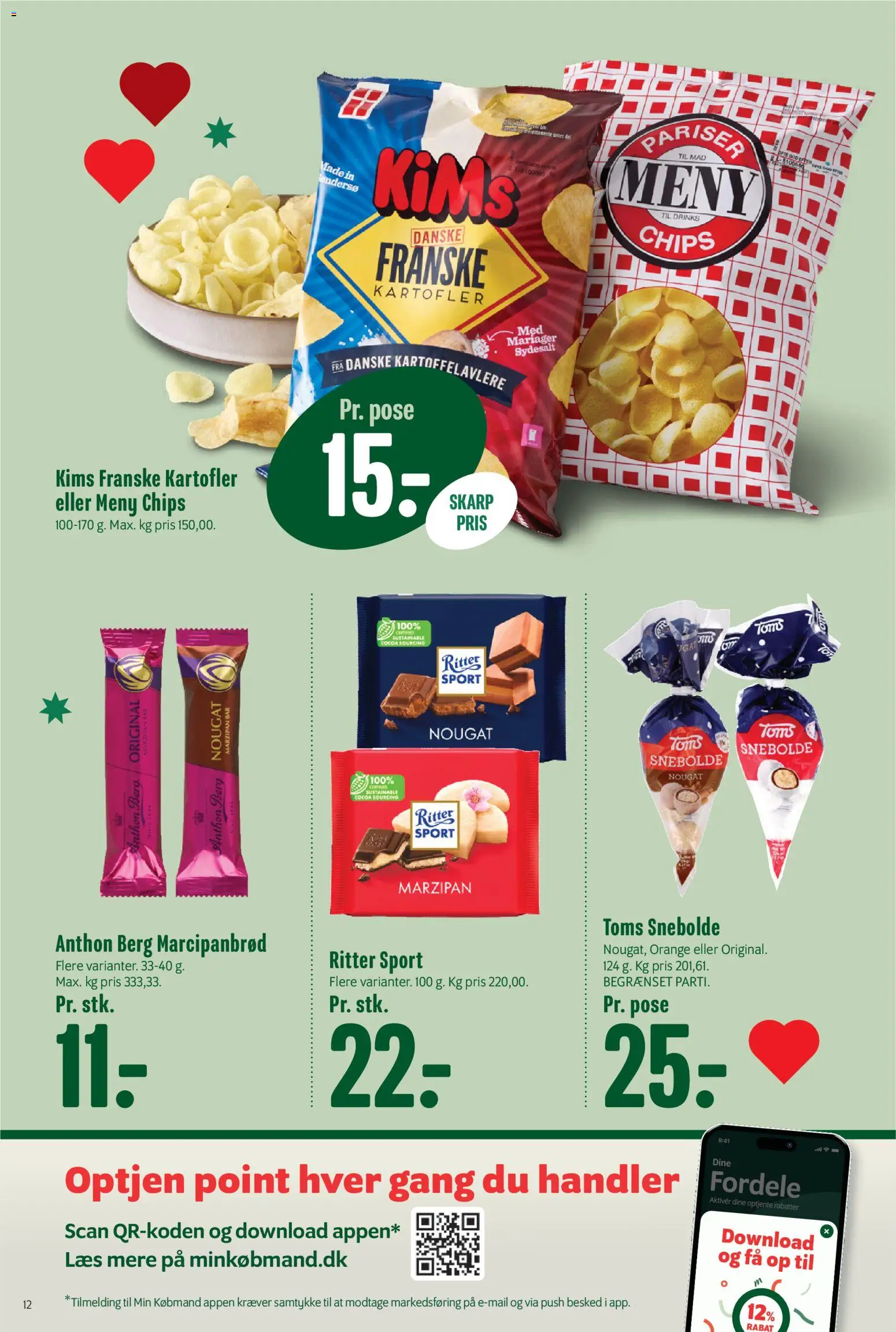 Min Købmand tilbudsavis – gyldig fra 07.11.2025 | Side: 12 | Produkter: Chips, Marcipanbrød, Nougat, Bad
