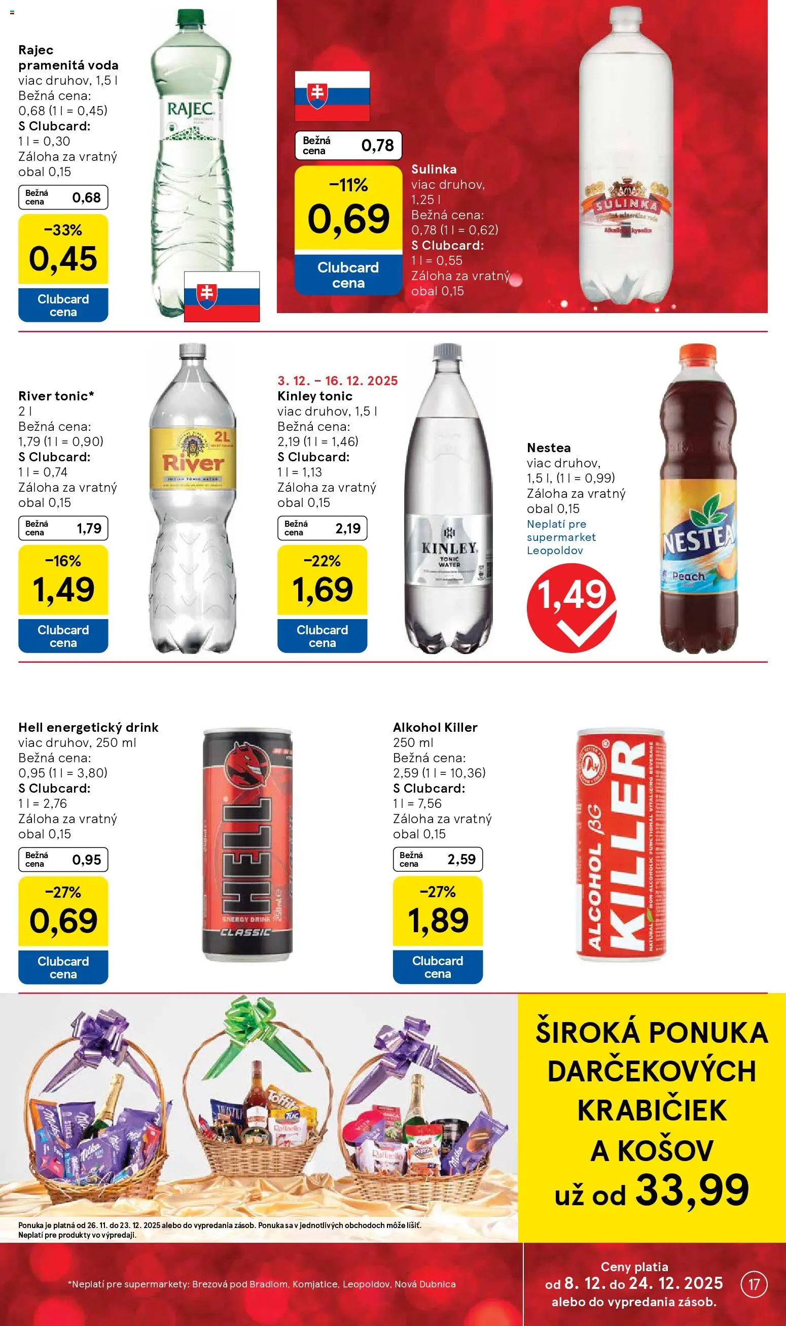 Nové Tesco akcie – leták je platný od 08.12.2025 | Strana: 17 | Produkty: Rajec, Sulinka, Voda, Alkohol