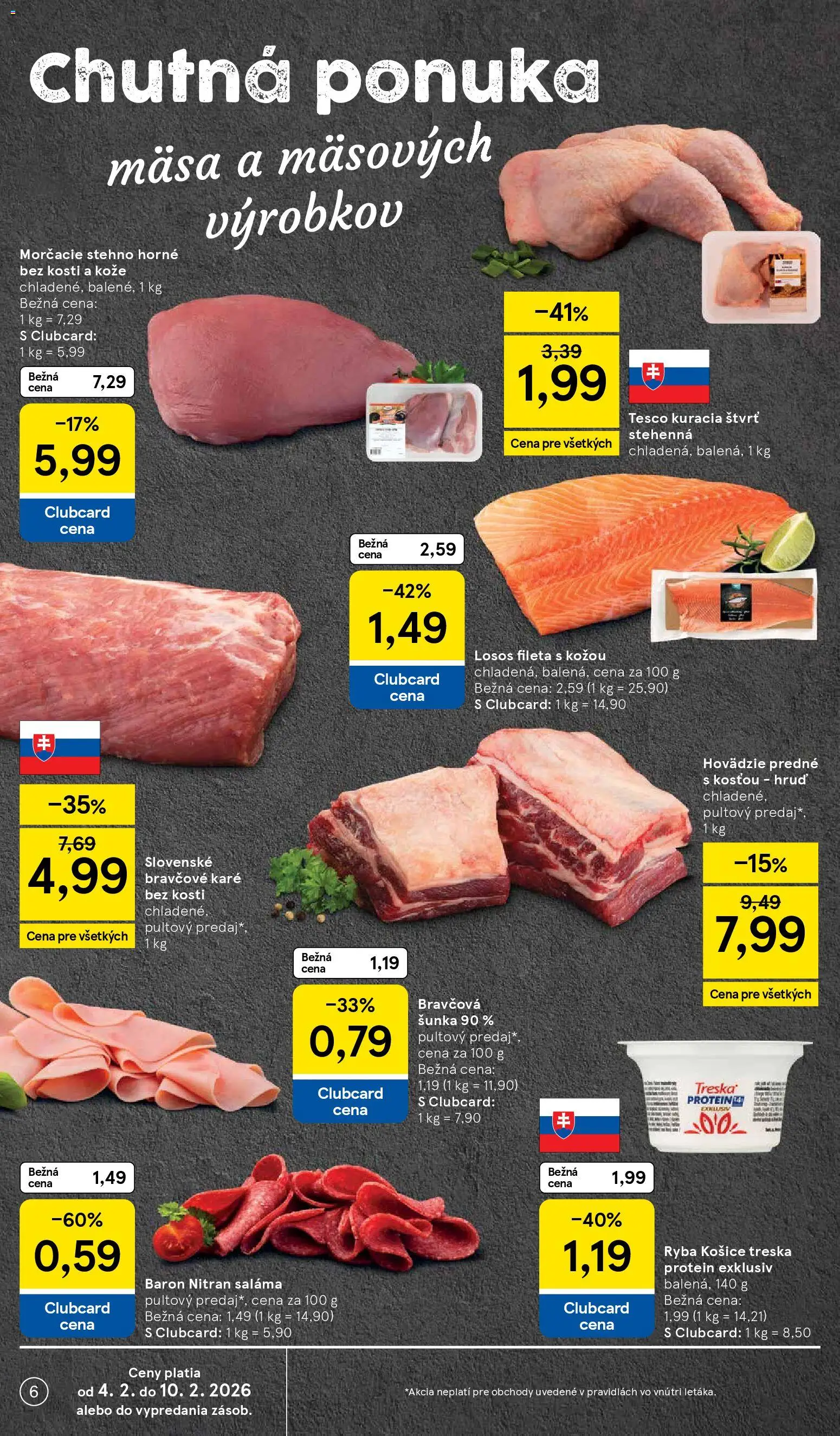 Nové Tesco akcie – leták je platný od 04.02.2026 | Strana: 6 | Produkty: Saláma, Protein, Ryba, Losos