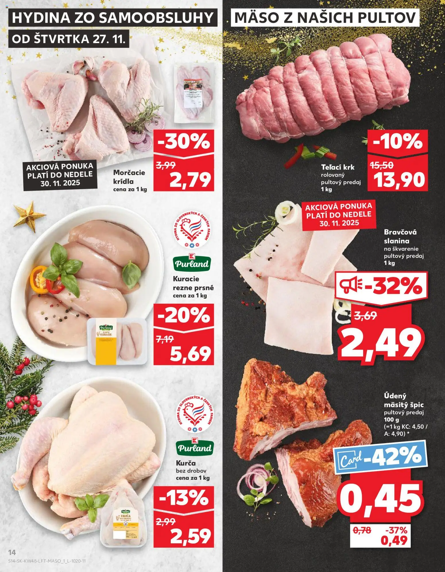 Nové Kaufland akcie – leták je platný od 27.11.2025 | Strana: 14 | Produkty: Slanina, Kuracie rezne, Kurča