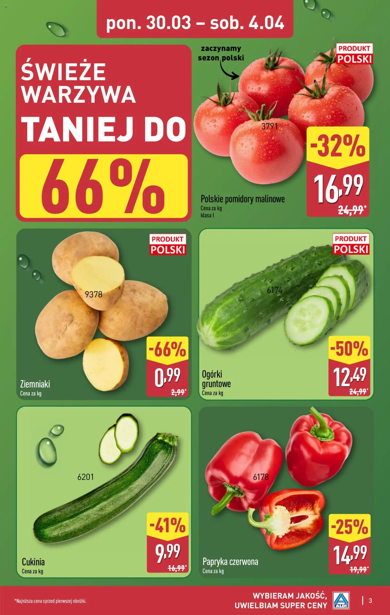 Aldi gazetka od 30.03.2026 | Strona: 3 | Produkty: Papryka, Pomidory malinowe, Ogórki, Warzywa