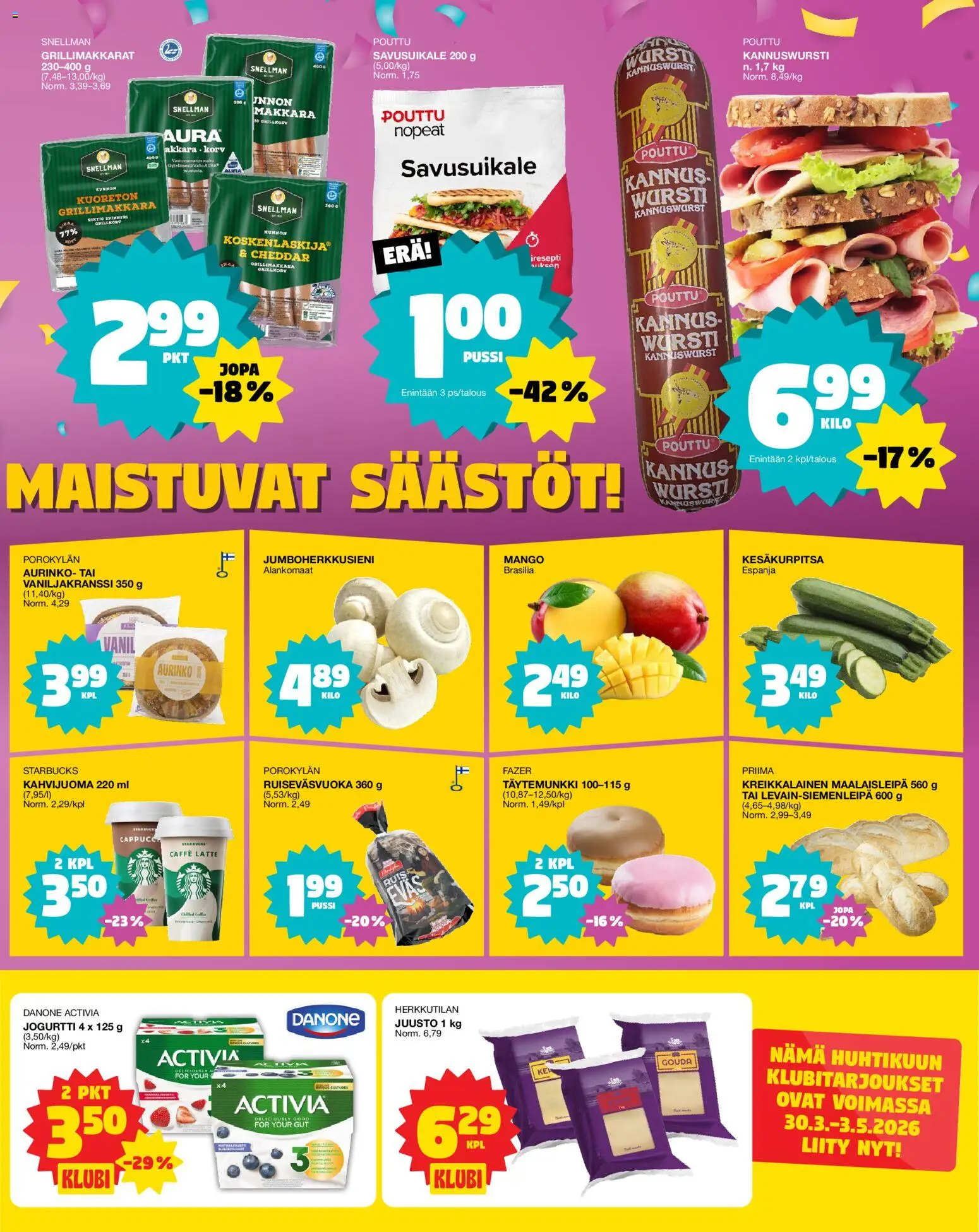 Tokmanni Ruokatarjoukset – voimassa 09.04.2026 alkaen | Sivu: 3 | Tuotteet: Makkara, Kesäkurpitsa, Cheddar, Juusto