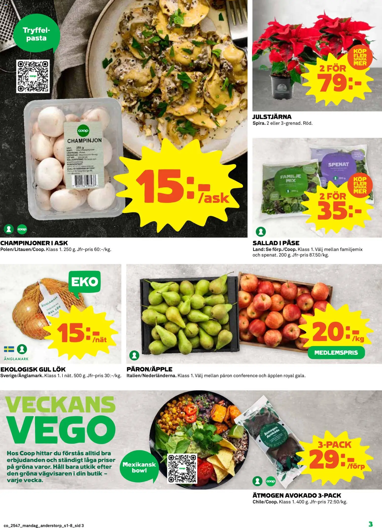 Coop reklamblad aktuell från 17.11.2025 | Sida: 3 | Produkter: Spenat, Champinjoner, Pasta, Sallad