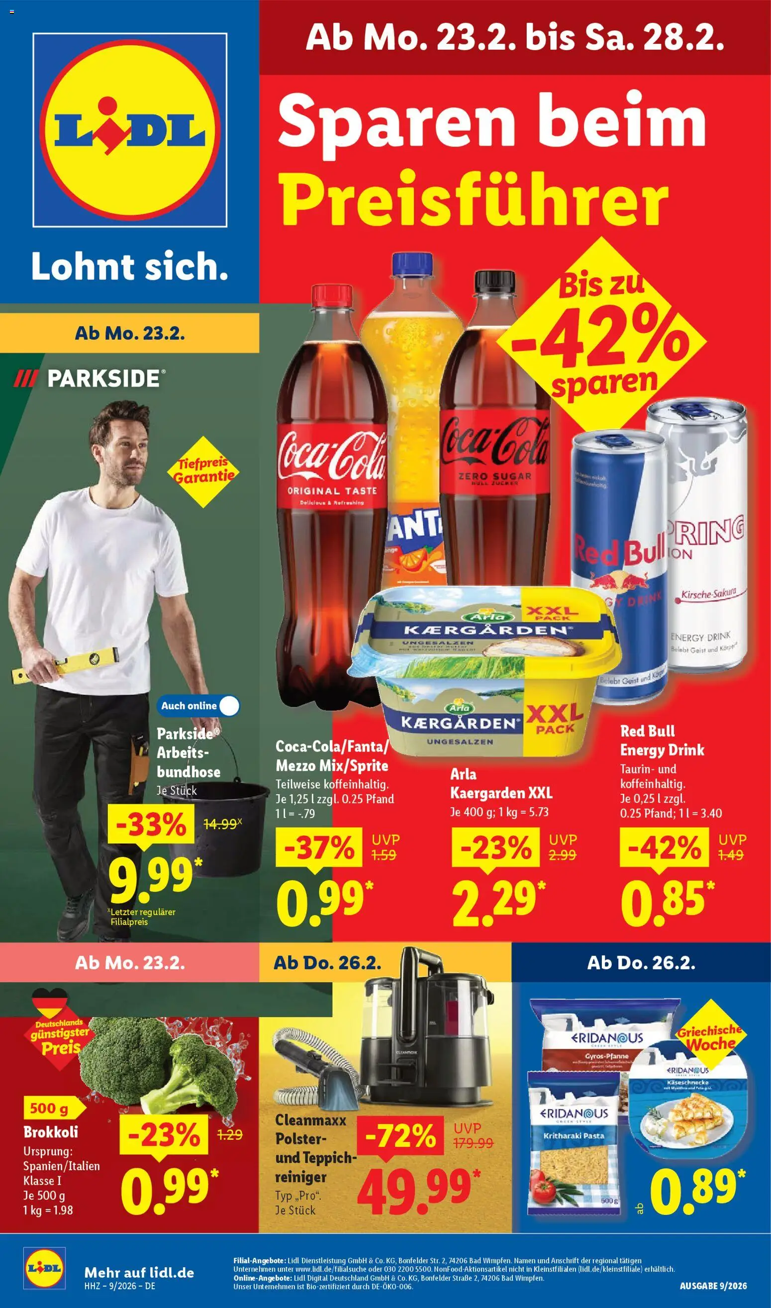 Lidl - Prospekt – gültig ab 23.02.2026 | Seite: 1 | Produkte: Red bull, Teppich, Brokkoli, Zucker