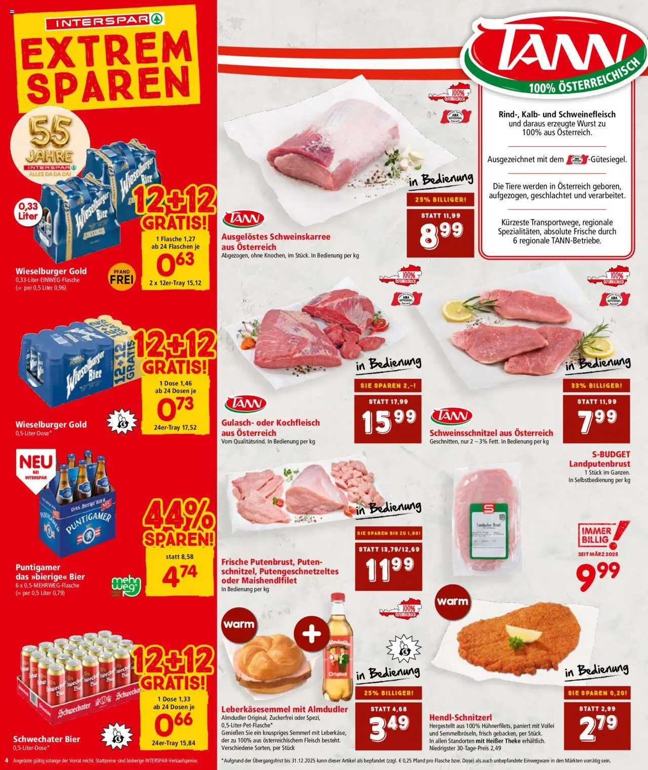 Interspar Flugblatt - Niederösterreich gültig ab 11.09.2025 | Seite: 4 | Produkte: Wurst, Bier, Schweinefleisch