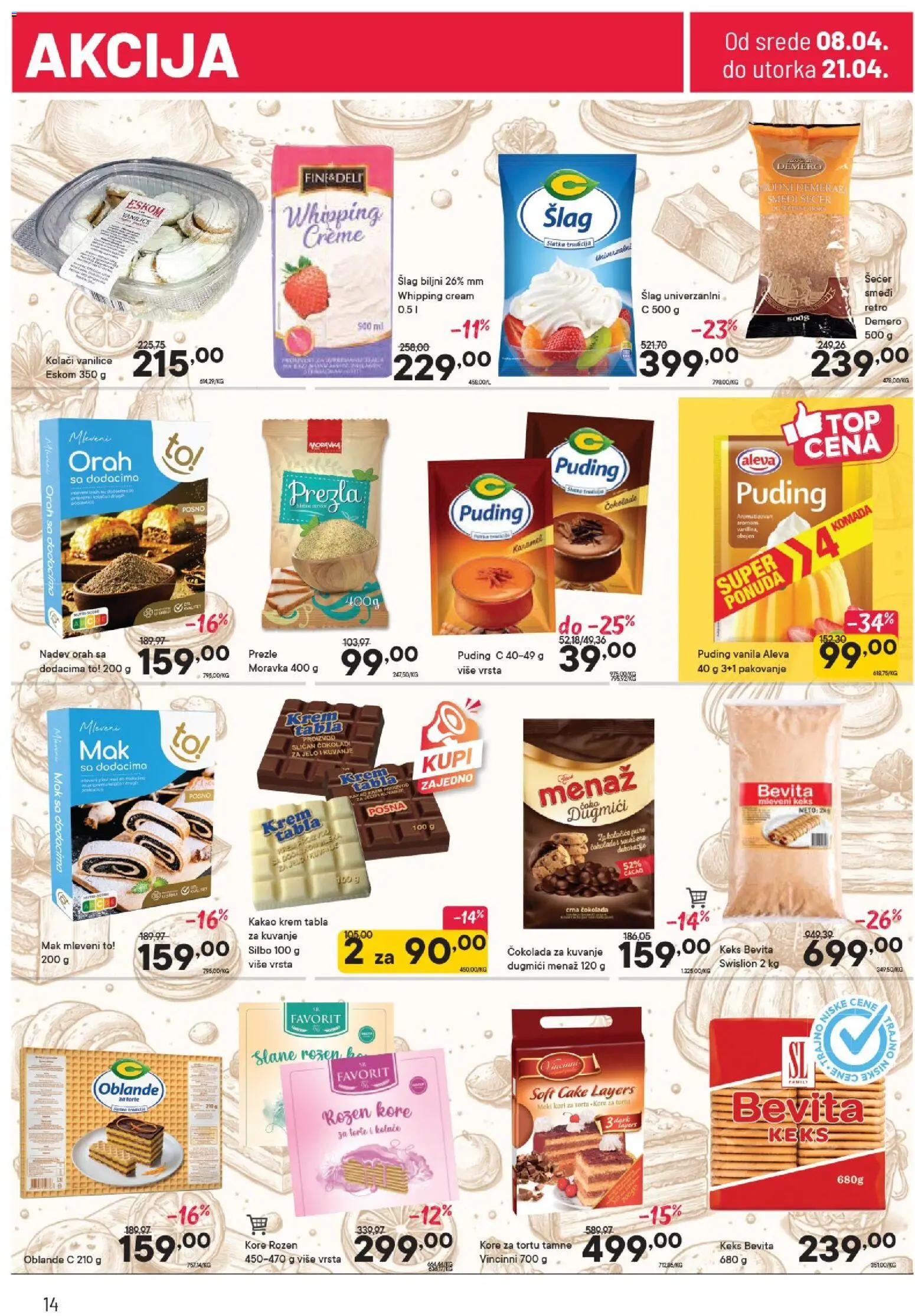 PerSu katalog - važi od 08.04.2026 | Strana: 14 | Proizvode: Keks, Kore za tortu, Čokolada, Torta