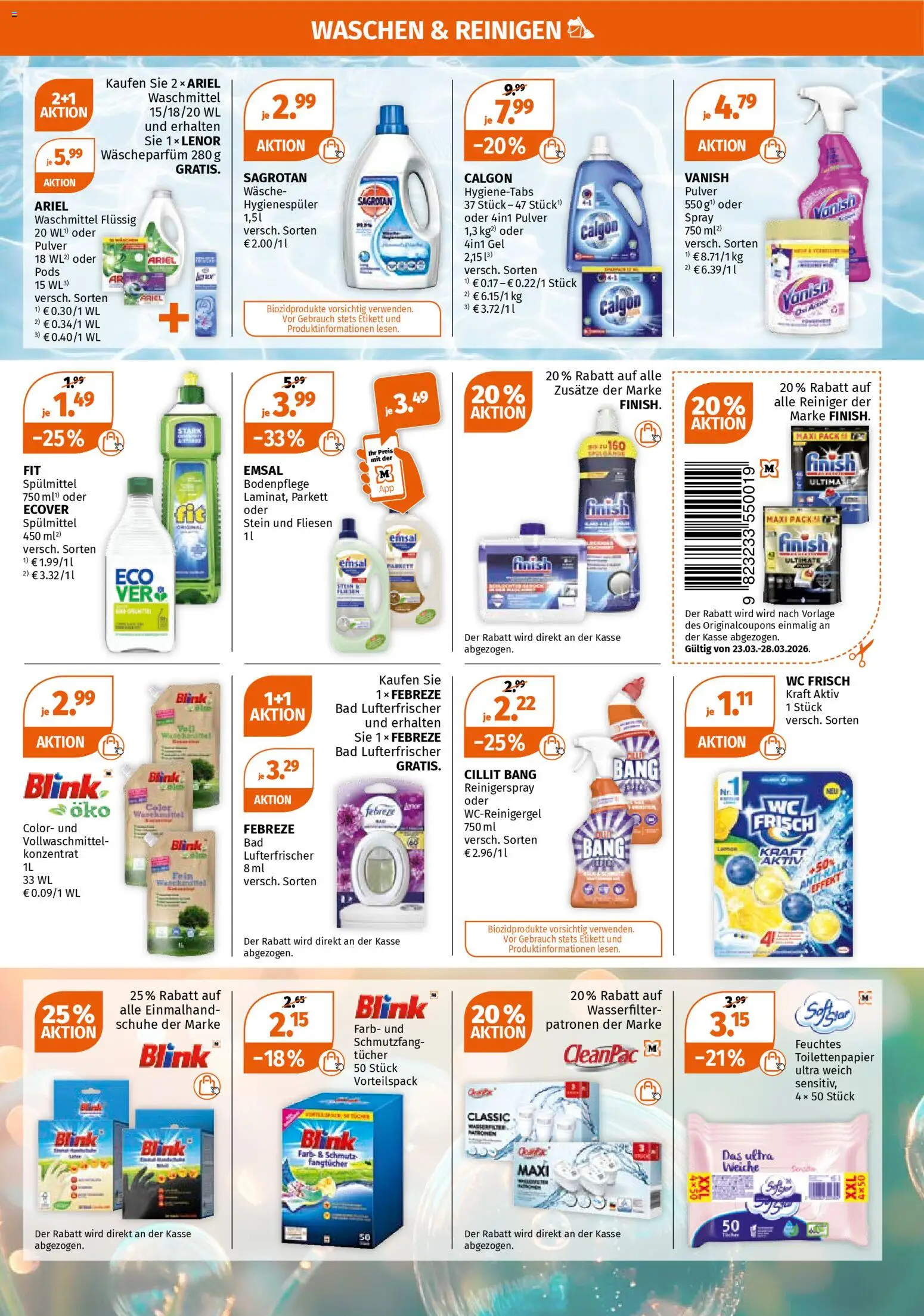 Müller Prospekt 	 – gültig ab 23.03.2026 | Seite: 9 | Produkte: Ariel, Finish, Waschmittel, Feuchtes Toilettenpapier