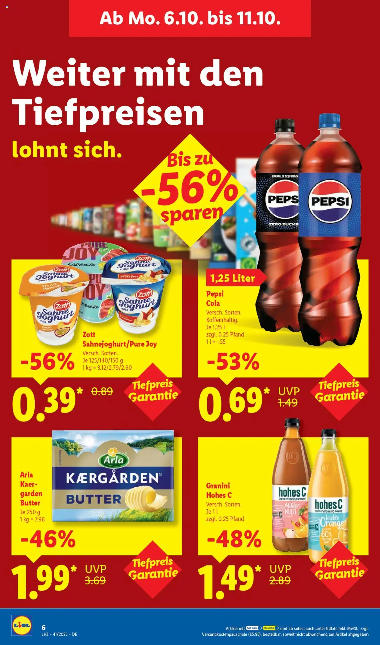 Lidl Prospekt Düsseldorf – gültig ab 06.10.2025 | Seite: 14 | Produkte: Cola, Pepsi, Hohes c, Saft