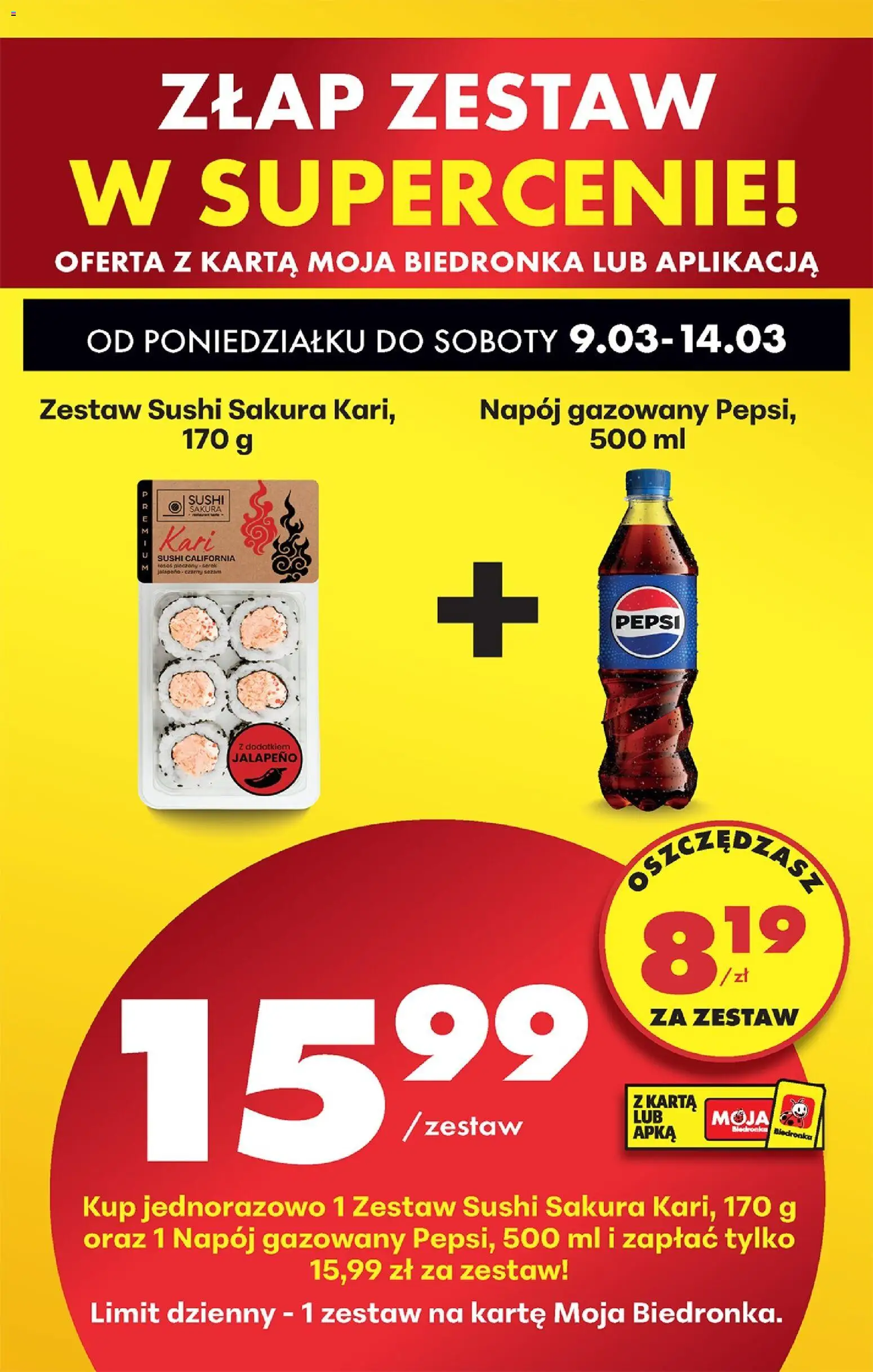 Biedronka gazetka od poniedziałku od 09.03.2026 | Strona: 78 | Produkty: Karta, Serek, Pepsi, Zestaw sushi