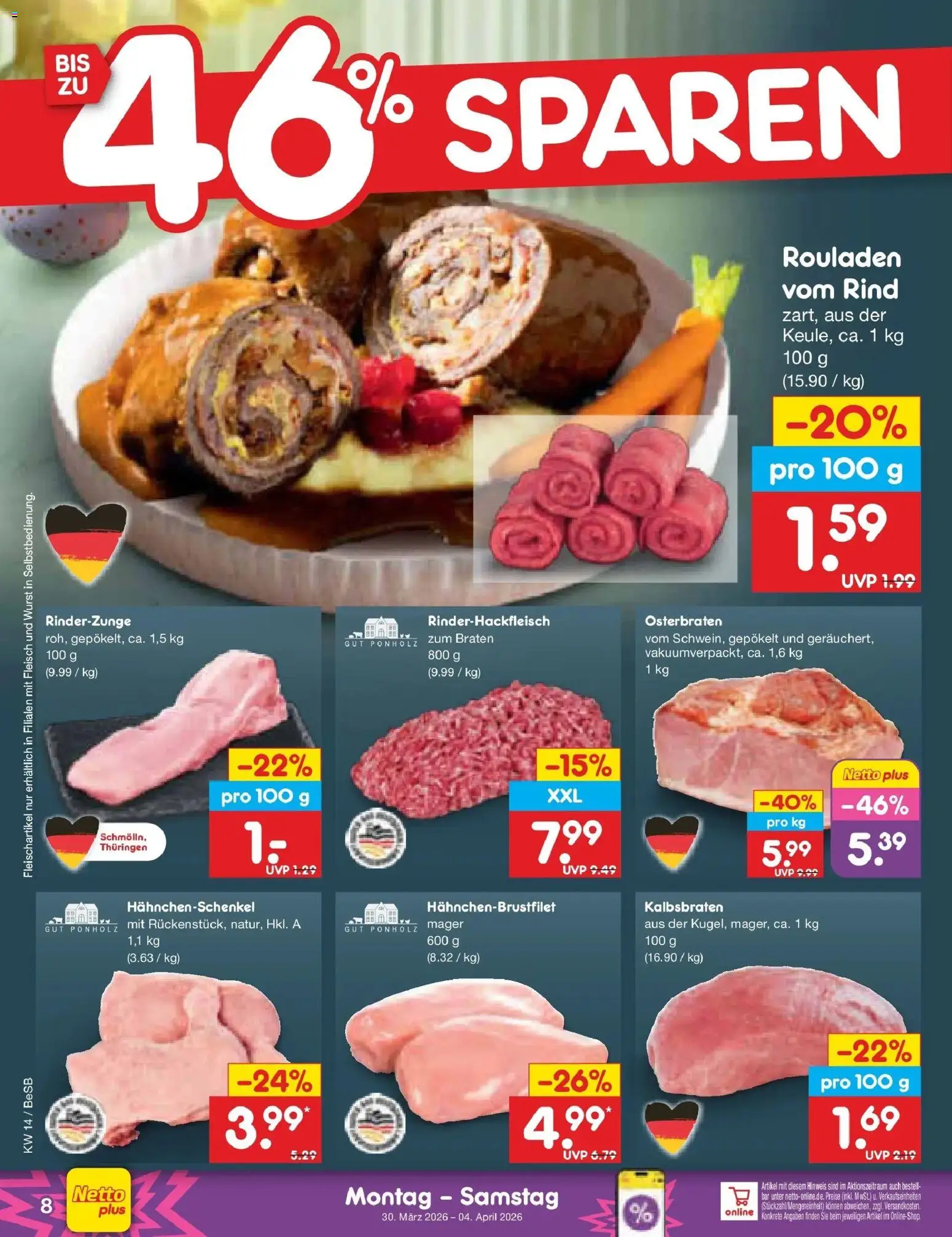 Netto Marken-Discount Prospekt Kremmen	 – gültig ab 29.03.2026 | Seite: 8 | Produkte: Hahnchenschenkel, Wurst, Fleisch