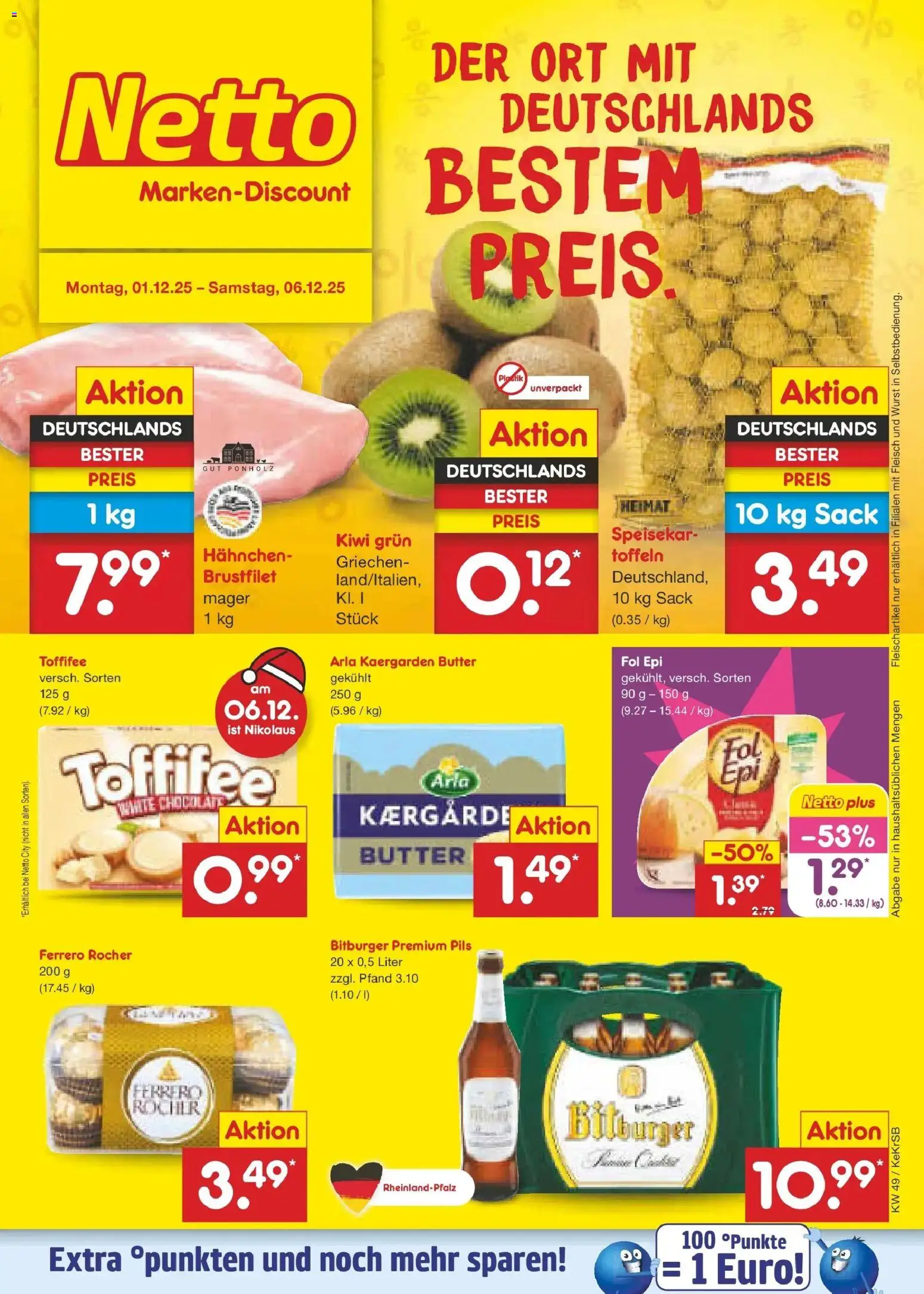 Netto Marken-Discount prospekt Bonn	 – gültig ab 01.12.2025 | Seite: 1 | Produkte: Hahnchen, Wurst, Toffifee, Kiwi