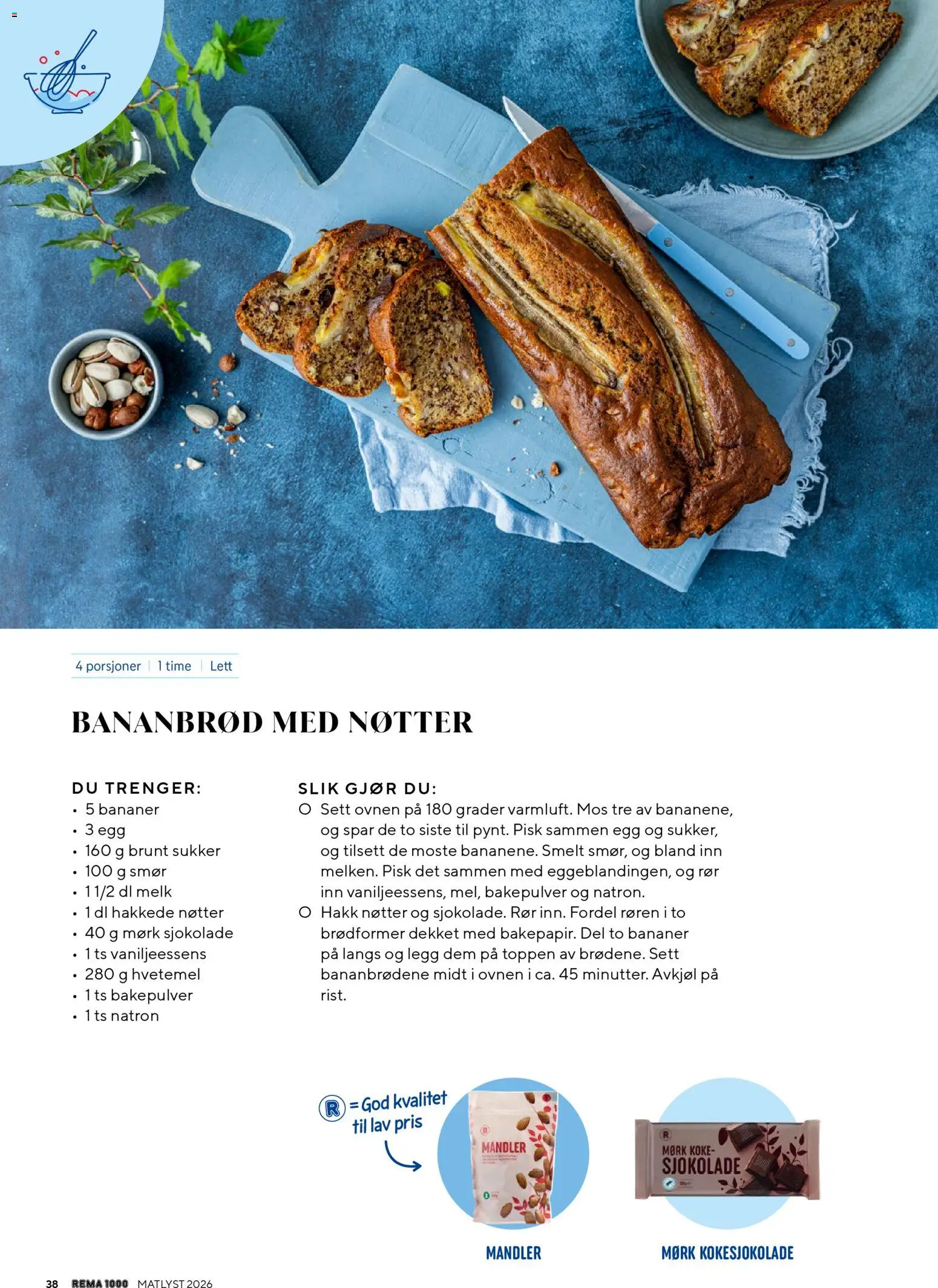 {H1} | Side: 38 | Produkter: Smør, Egg, Bananer, Mandler