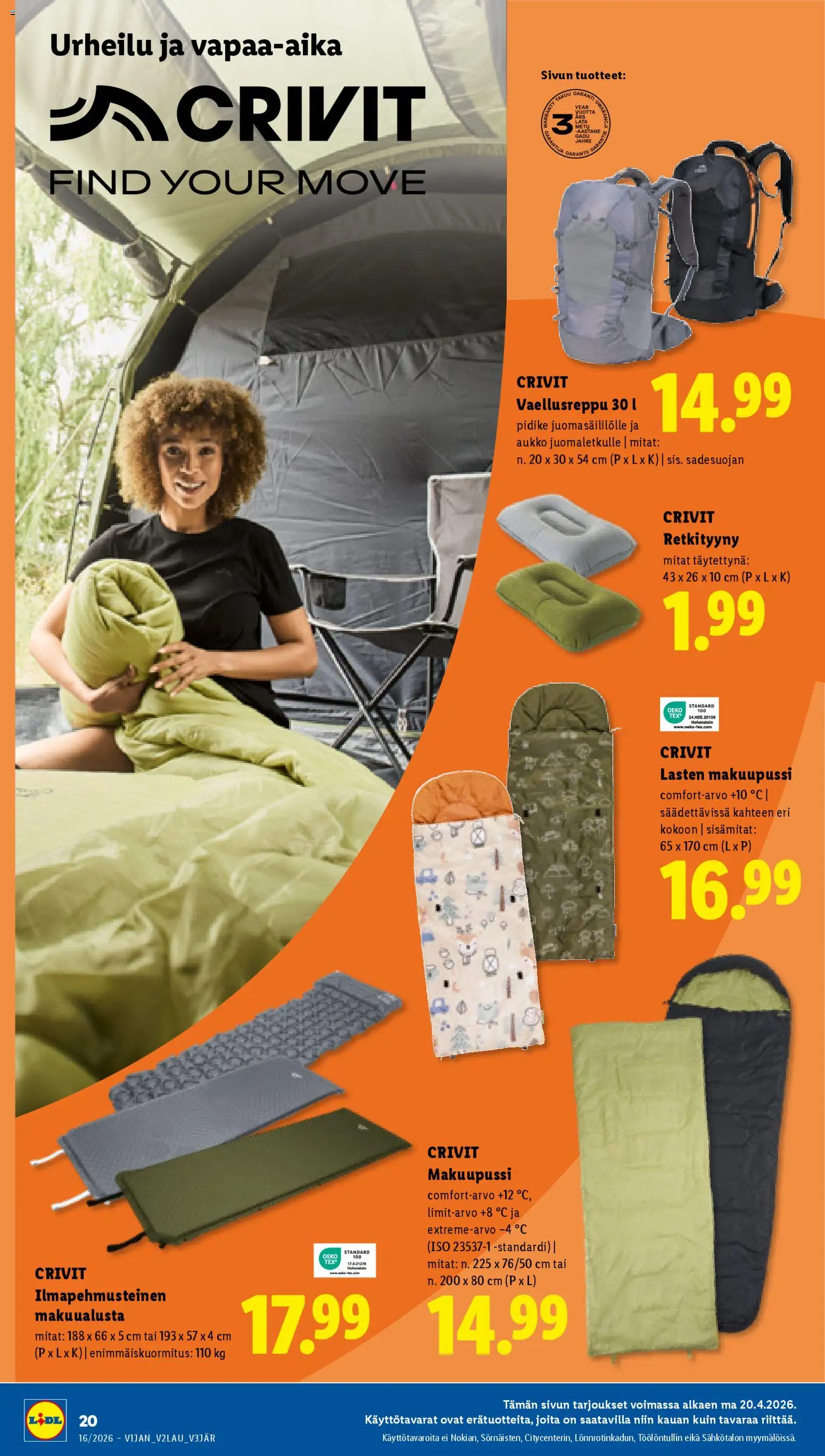 Lidl tarjoukset – voimassa 16.04.2026 alkaen | Sivu: 26 | Tuotteet: Makuualusta, Makuupussi