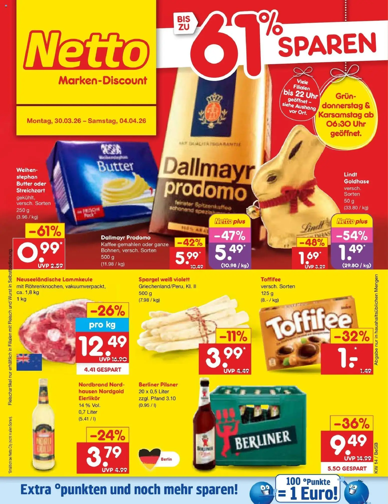 Netto Marken-Discount Prospekt Kremmen	 – gültig ab 30.03.2026 | Seite: 1 | Produkte: Toffifee, Lindt, Fleisch, Uhr