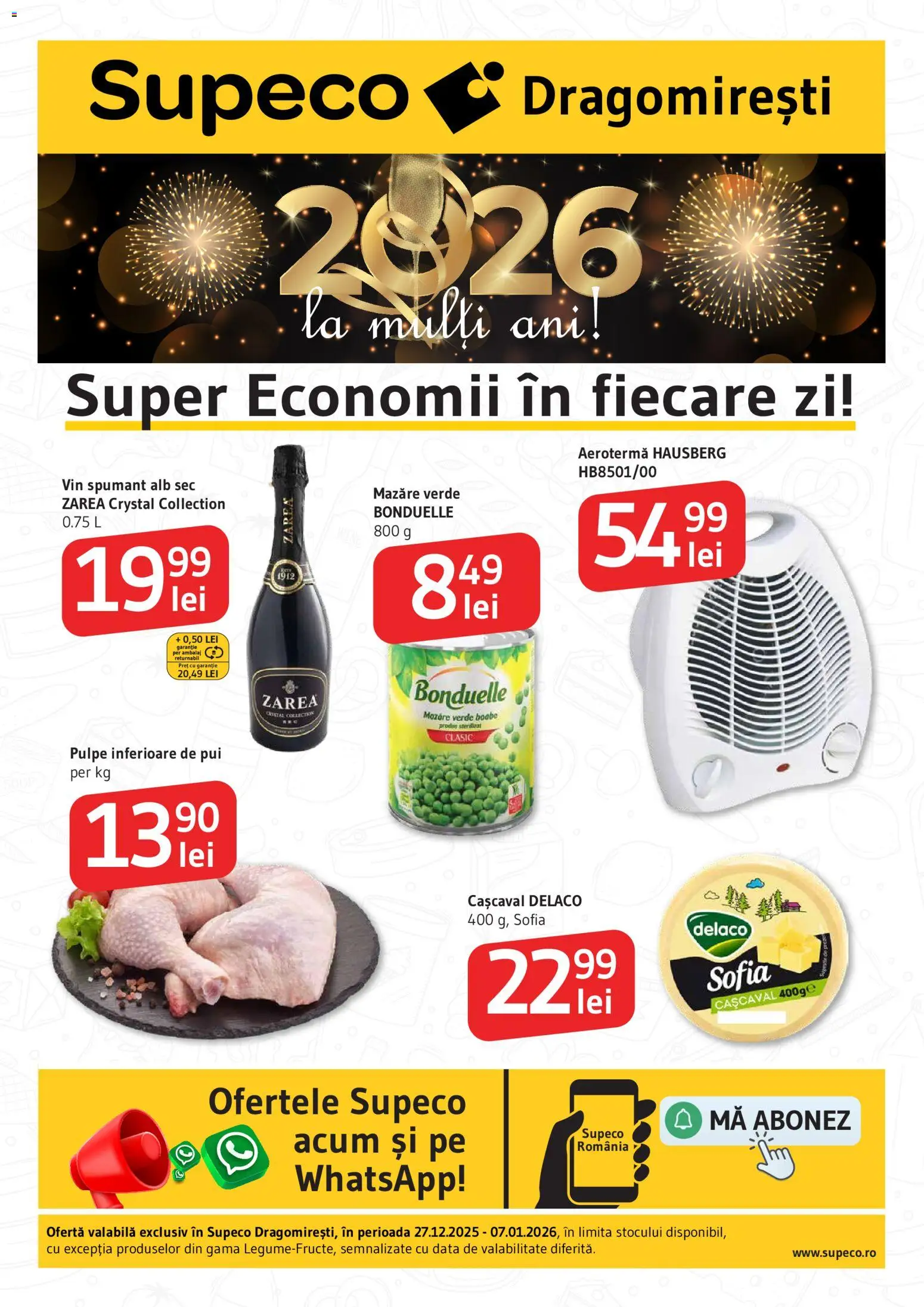 Noul catalog Supeco – valabil de la 27.12.2025 | Pagină: 1 | Produse: Mazăre, Light Kedi Konservesi, Hacıyatmaz Kedi Oyuncağı, Cașcaval