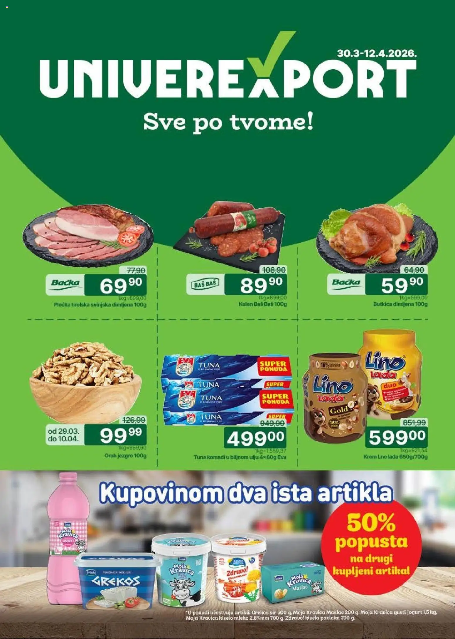 Univerexport katalog - važi od 30.03.2026 | Strana: 1 | Proizvode: Maslac, Kiselo mleko, Orah, Jogurt