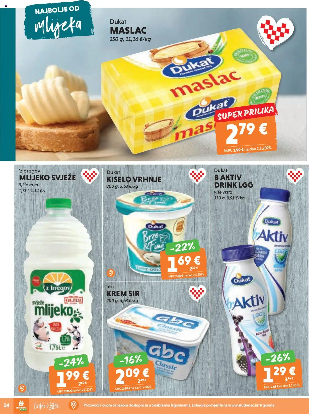 Studenac katalog | vrijedi od 13.08.2025 | Stranica: 14 | Proizvodi: Krem sir, Mlijeko, Sir, Kiselo vrhnje