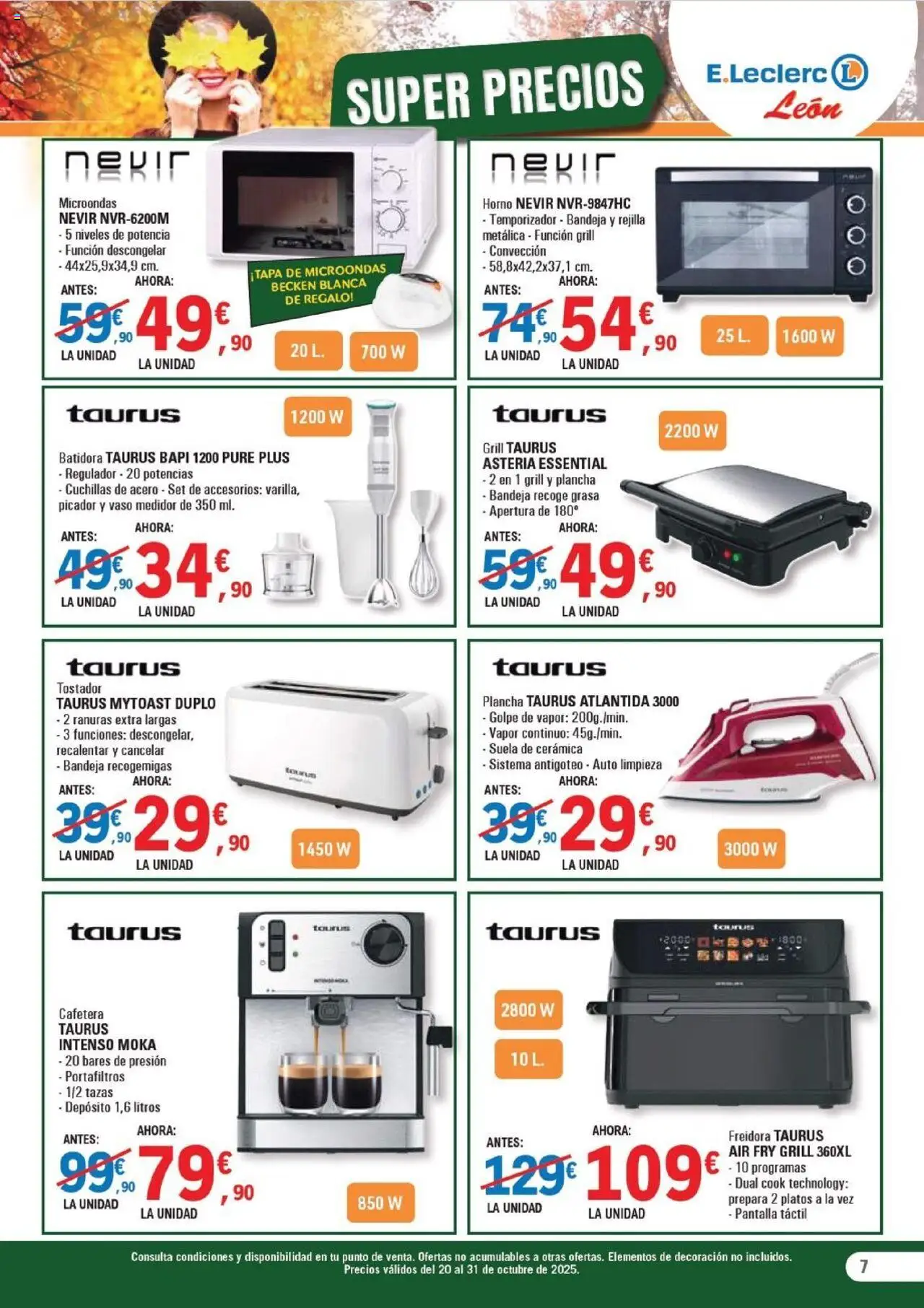 E.Leclerc folleto │ válido desde el 20.10.2025 | Página: 7 | Productos: Cafetera, Tostador, Freidora, Bandeja