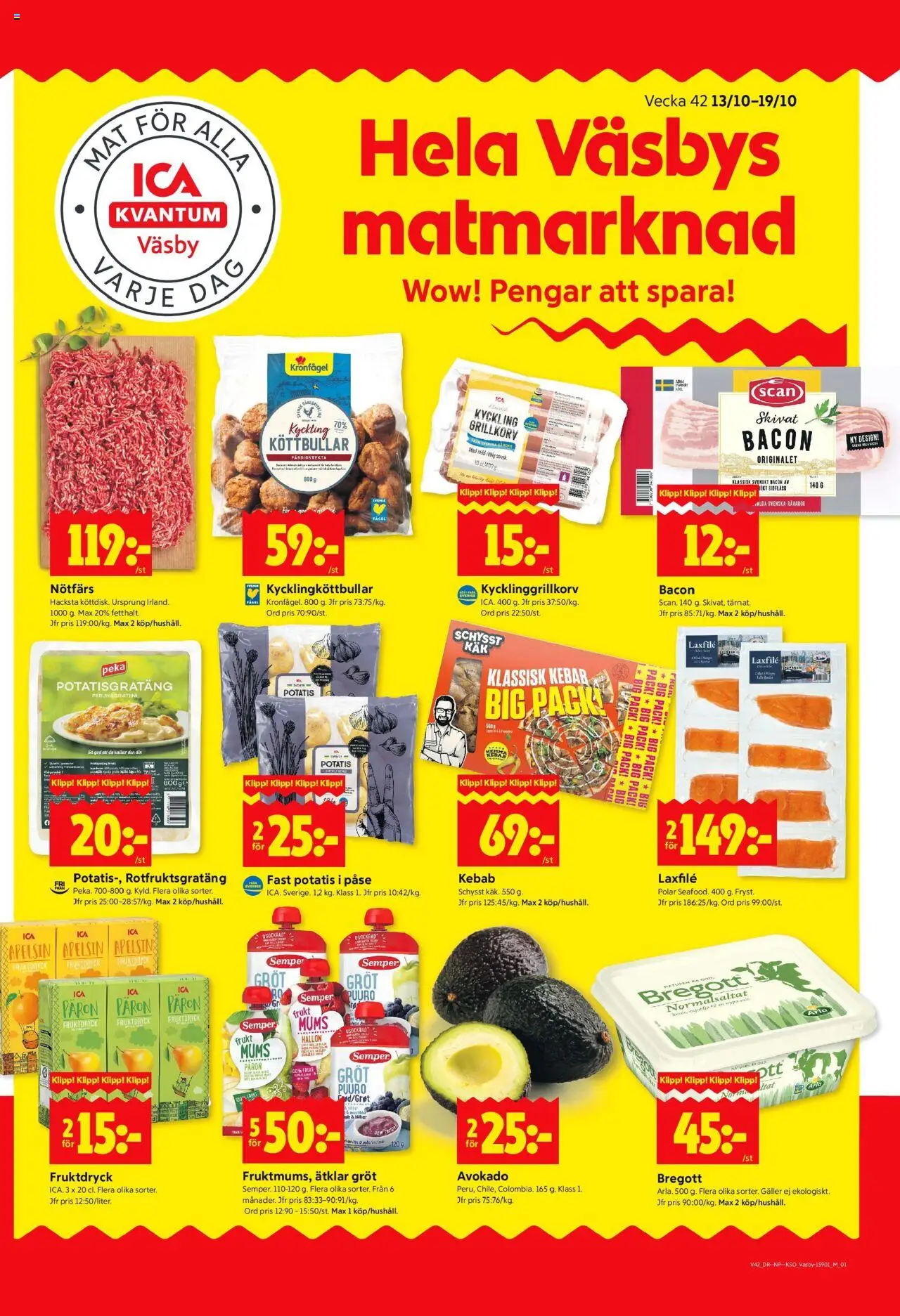 ICA Kvantum reklamblad aktuell från 13.10.2025 | Sida: 1 | Produkter: Nötfärs, Grillkorv, Potatisgratäng, Hallon