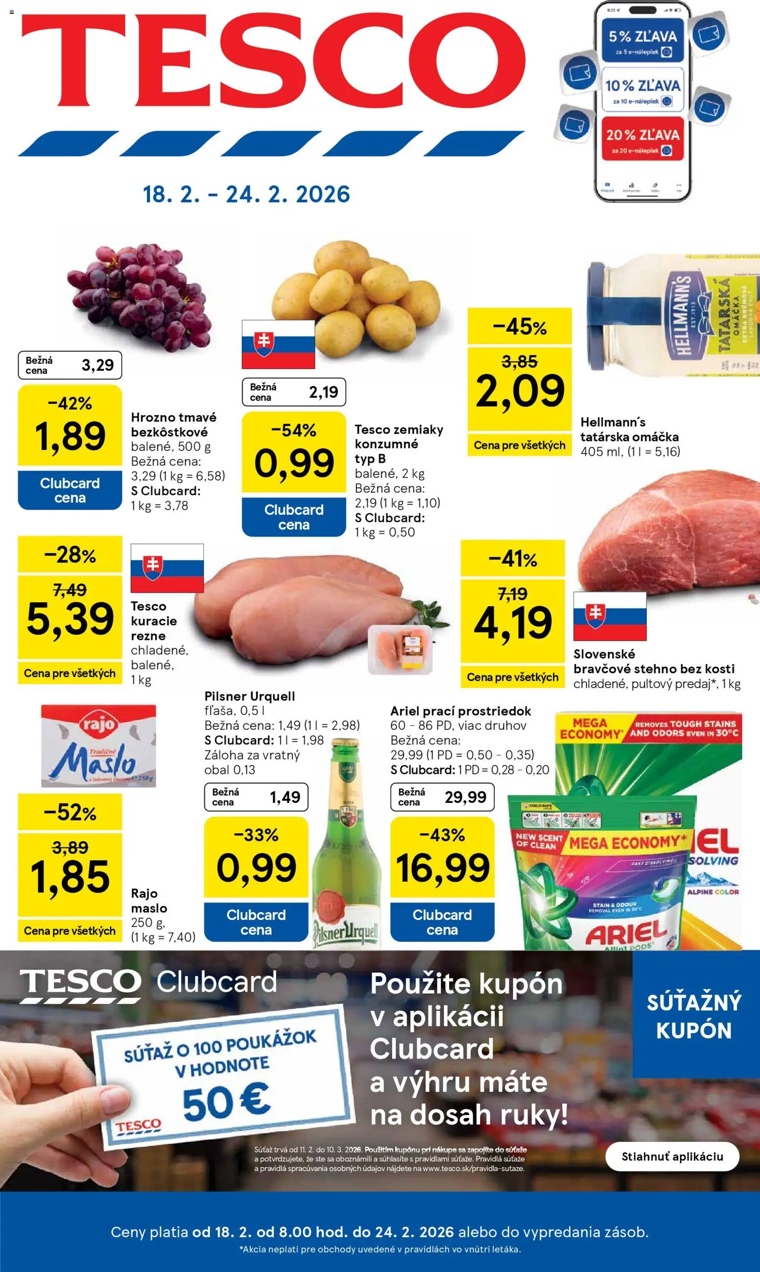 Nové Tesco akcie – leták je platný od 18.02.2026 | Strana: 1 | Produkty: Bravčové stehno, Kuracie rezne, Ariel, Omáčka