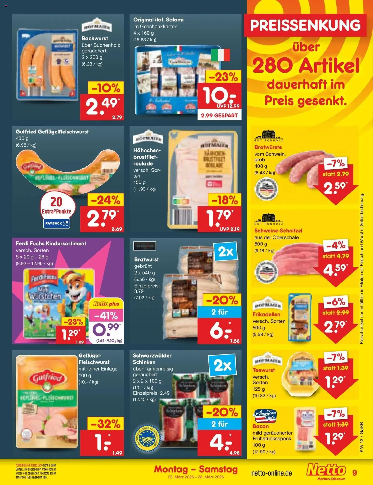 Netto Marken-Discount Prospekt Bremen-Lesum	 – gültig ab 23.03.2026 | Seite: 9 | Produkte: Bockwurst, Salami, Schinken, Fleisch