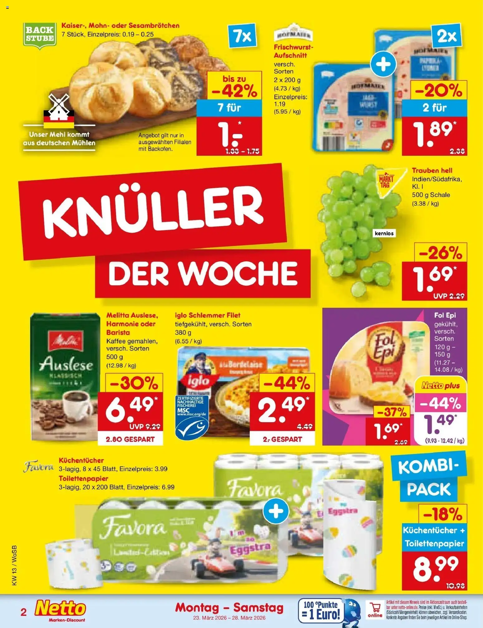 Netto Marken-Discount Prospekt Lahnau	 – gültig ab 23.03.2026 | Seite: 2 | Produkte: Melitta, Kaffee, Iglo, Toilettenpapier