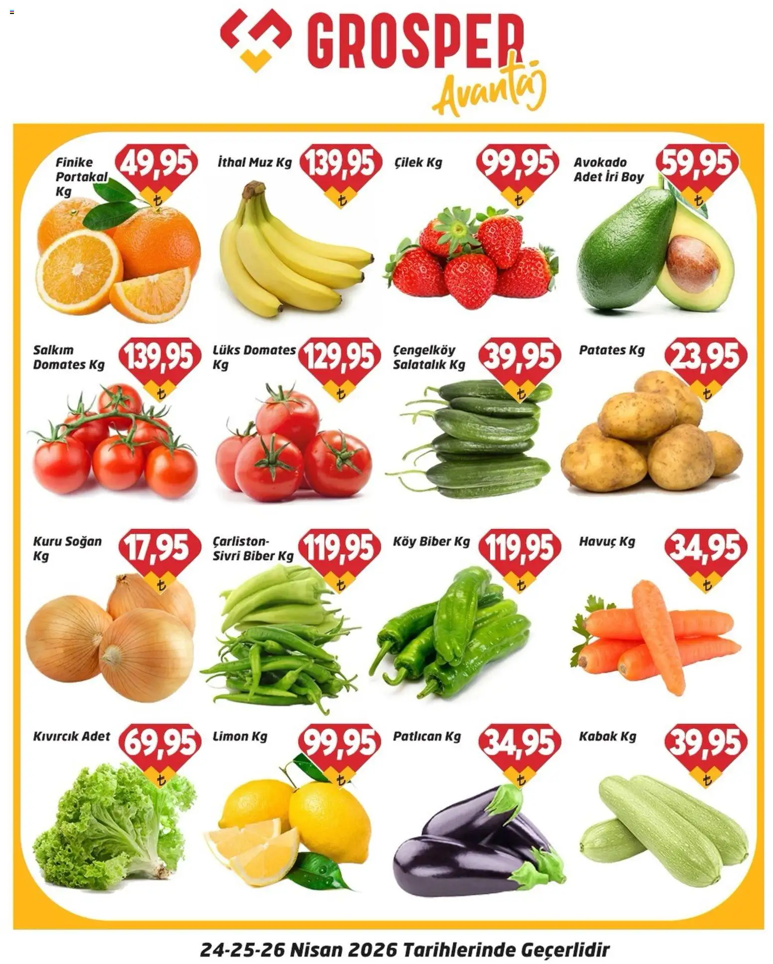 Grosper - Sebze ve meyve - 24.04.2026 tarihinden itibaren geçerlidir | Sayfa: 1 | Ürünler: Portakal, Domates, Patates, Limon