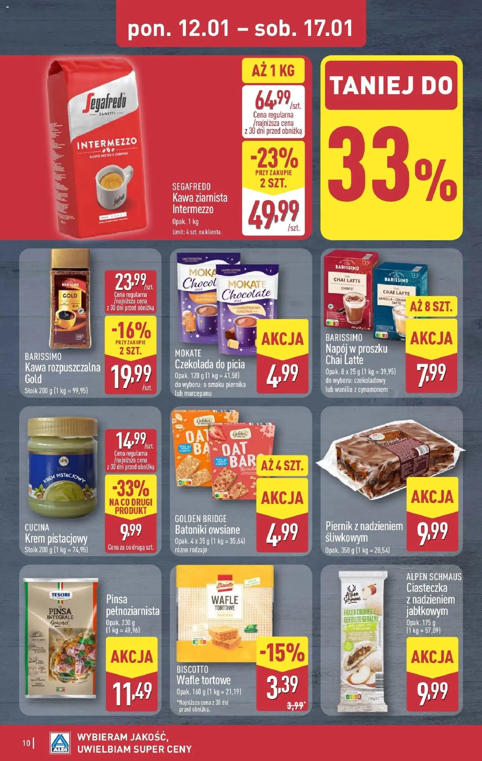 Aldi Gazetka od 12.01.2026 | Strona: 10 | Produkty: Kawa ziarnista, Kawa rozpuszczalna, Wafle tortowe, Ciasteczka