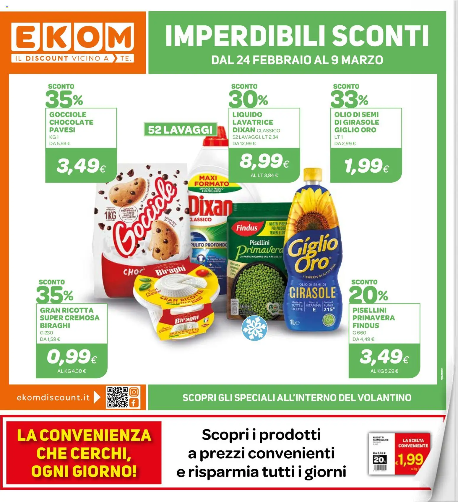 Volantino Ekom del 24.02.2026 | Pagina: 1 | Prodotti: Olio, Lavatrice, Ricotta, Olio di semi di girasole