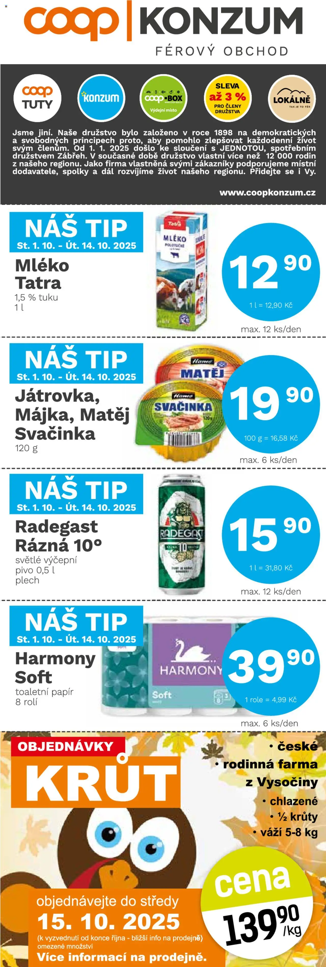 Konzum leták od 01.10.2025 | Strana: 1 | Produkty: Box, Mléko, Pivo, Toaletní papír