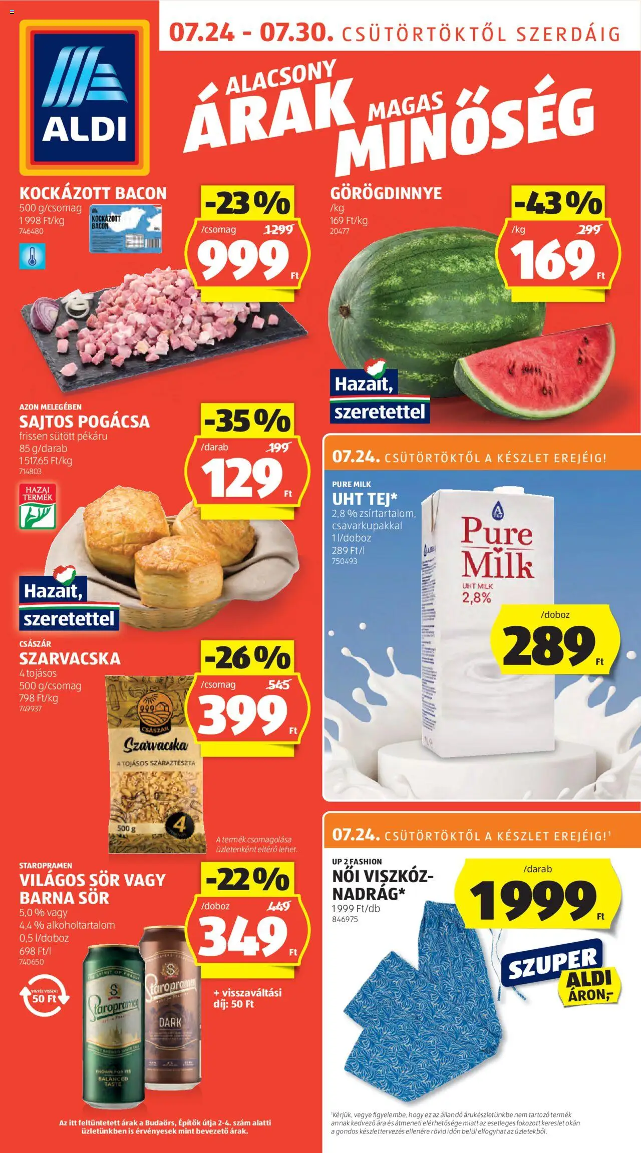 Aldi akciós ujság - amely érvényes a következő dátumtól: 24.07.2025 | Oldal: 1 | Termékek: Kockázott bacon, Bacon, Sör, Száraztészta